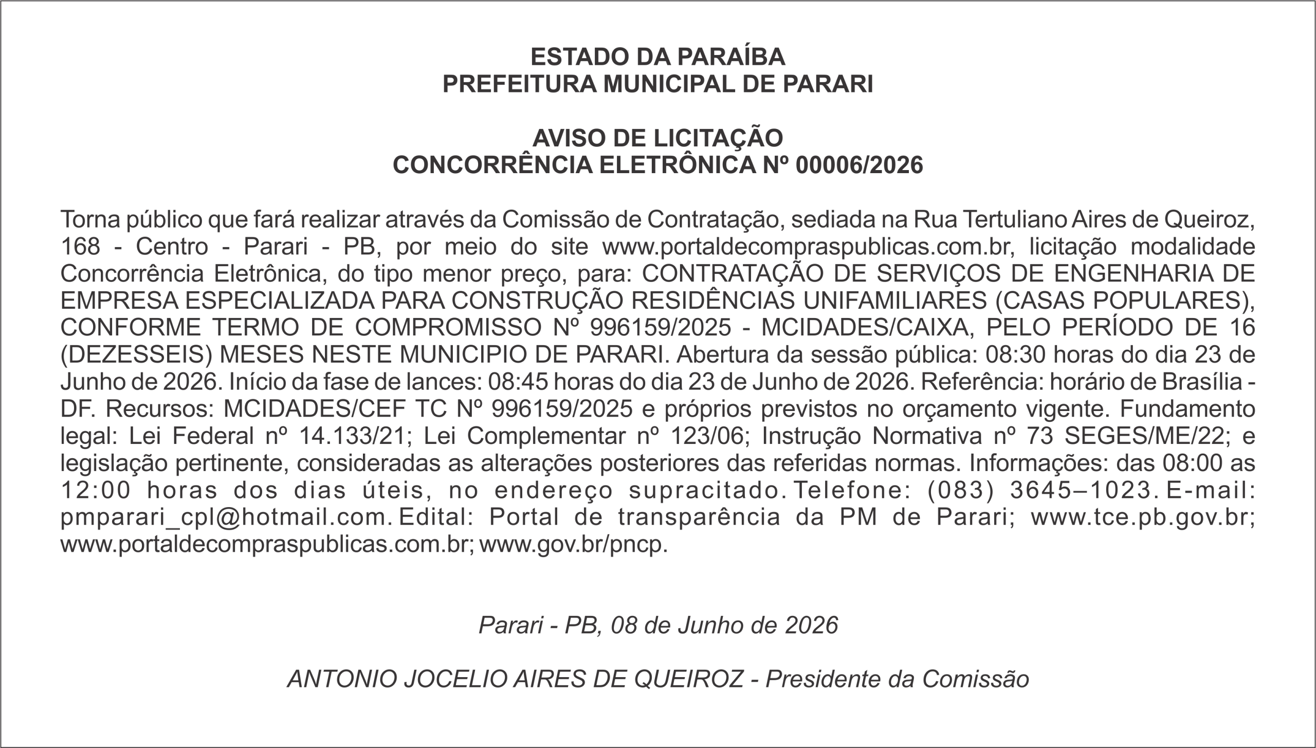 PREFEITURA MUNICIPAL DE PARARI – AVISO DE LICITAÇÃO CONCORRÊNCIA ELETRÔNICA Nº 00006/2026