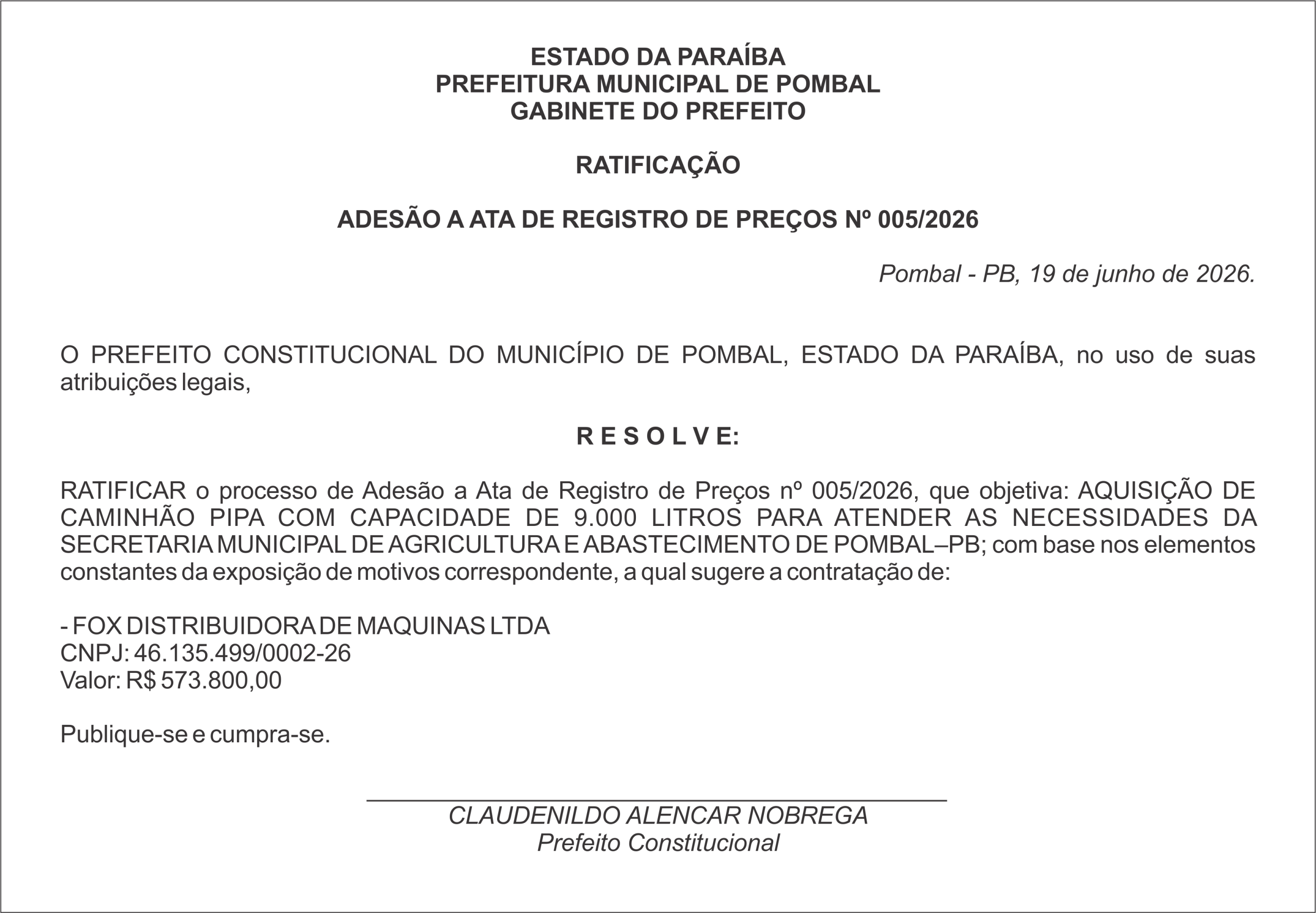 PREFEITURA MUNICIPAL DE POMBAL – RATIFICAÇÃO  ADESÃO A ATA DE REGISTRO DE PREÇOS Nº 005/2026