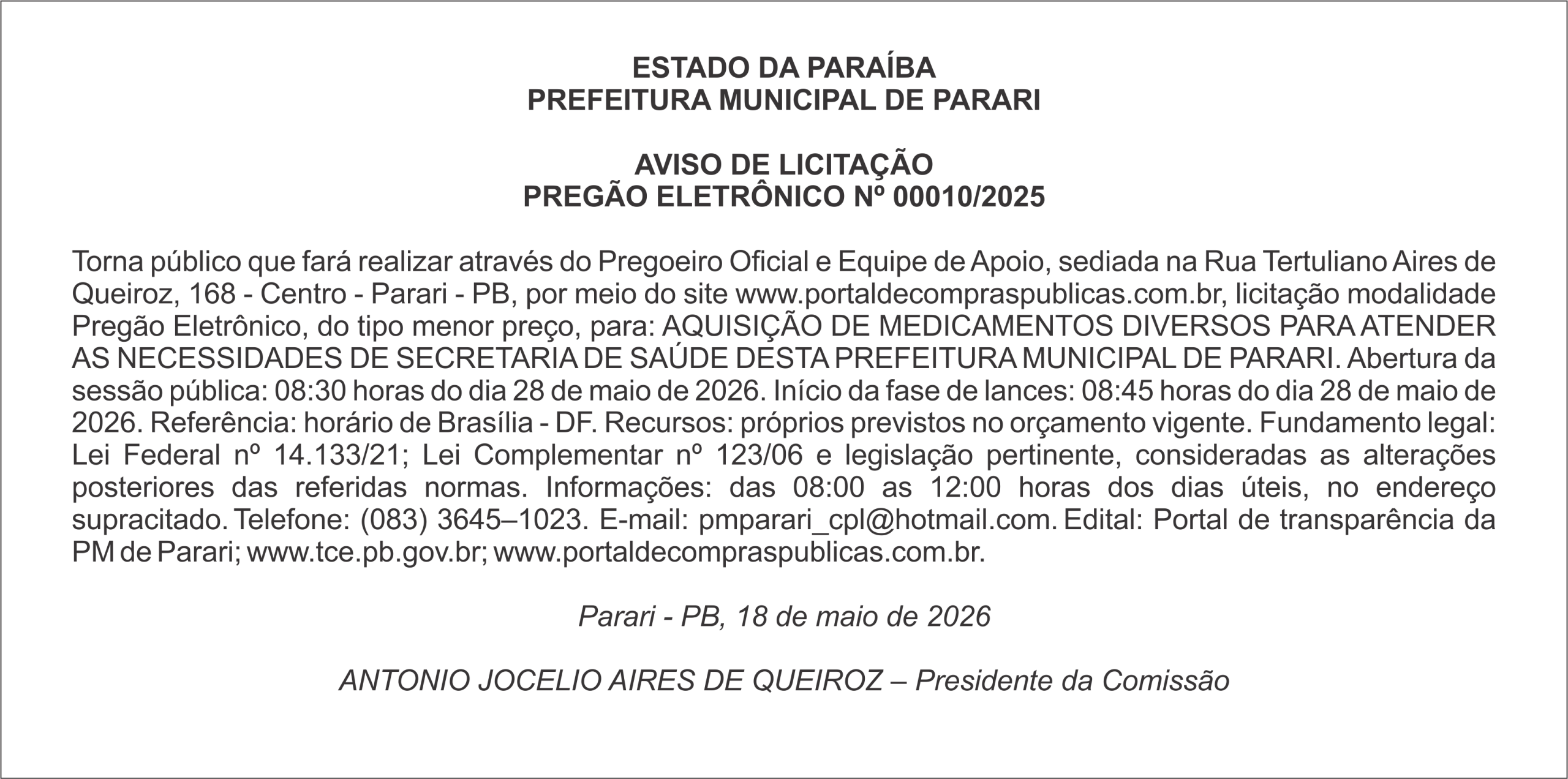 PREFEITURA MUNICIPAL DE PARARI – AVISO DE LICITAÇÃO – PREGÃO ELETRÔNICO Nº 00010/2025