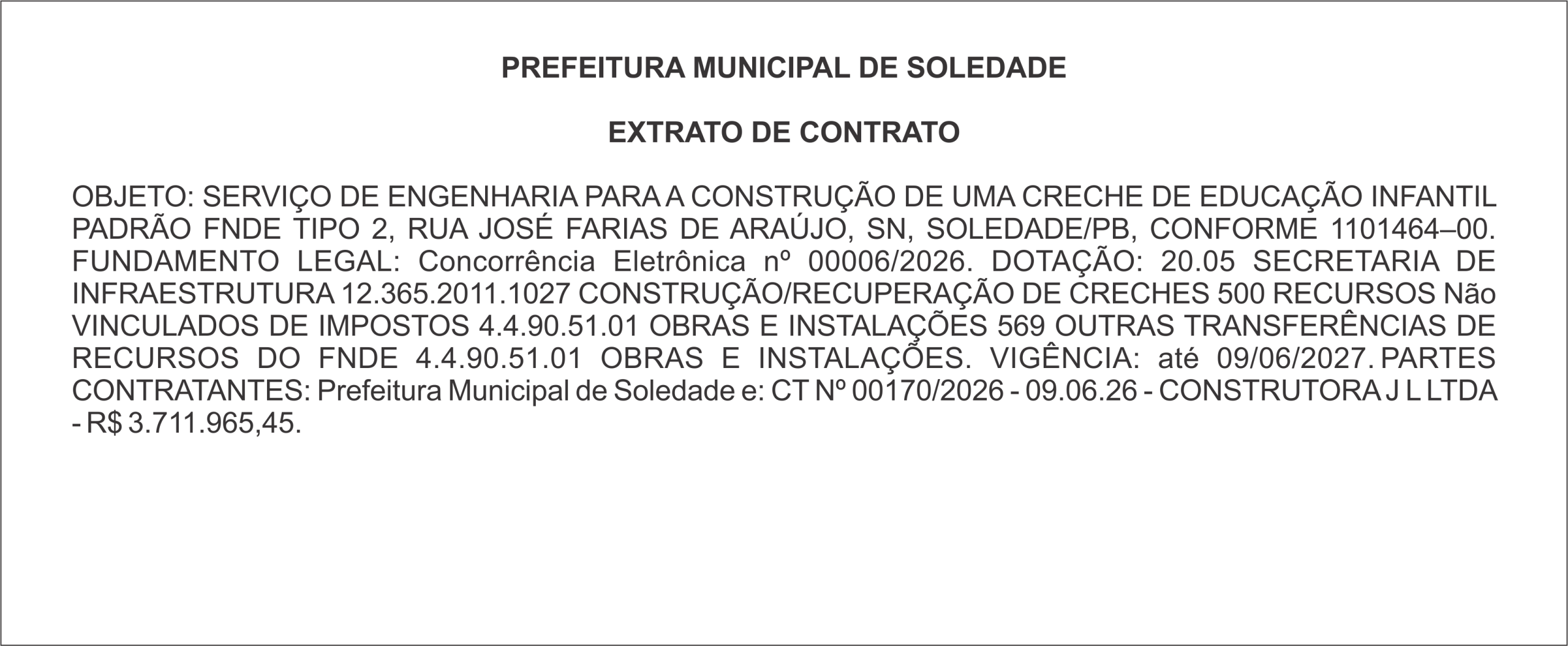 PREFEITURA DE SOLEDADE – EXTRATO DE CONTRATO