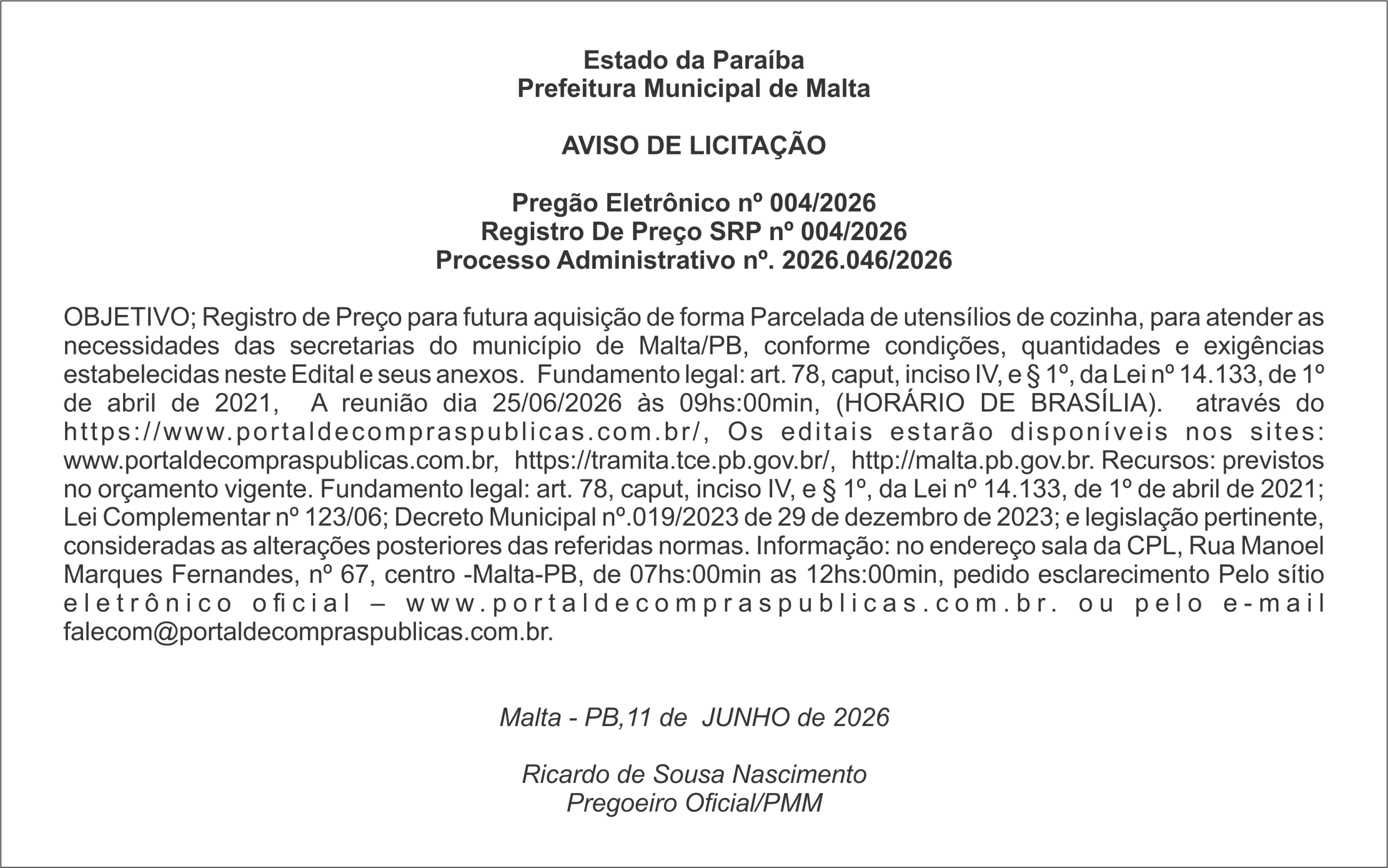 Prefeitura Municipal de Malta – AVISO DE LICITAÇÃO – Pregão Eletrônico nº 004/2026