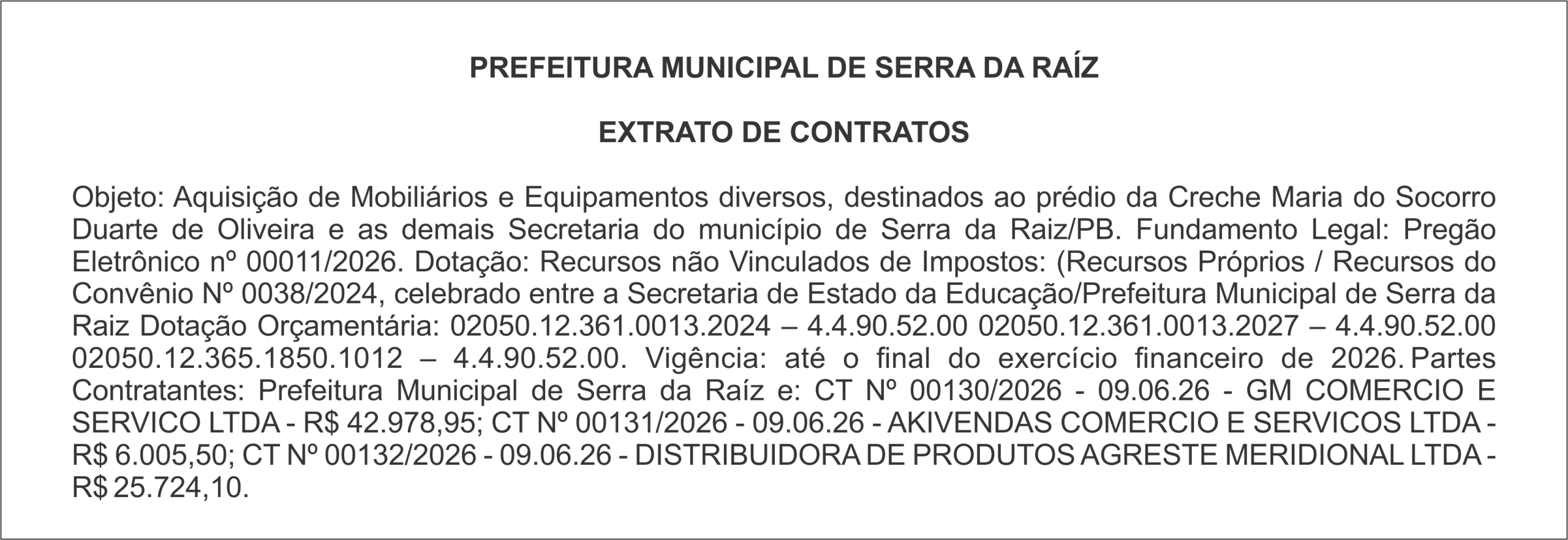 PREFEITURA MUNICIPAL DE SERRA DA RAÍZ  – EXTRATO DE CONTRATOS