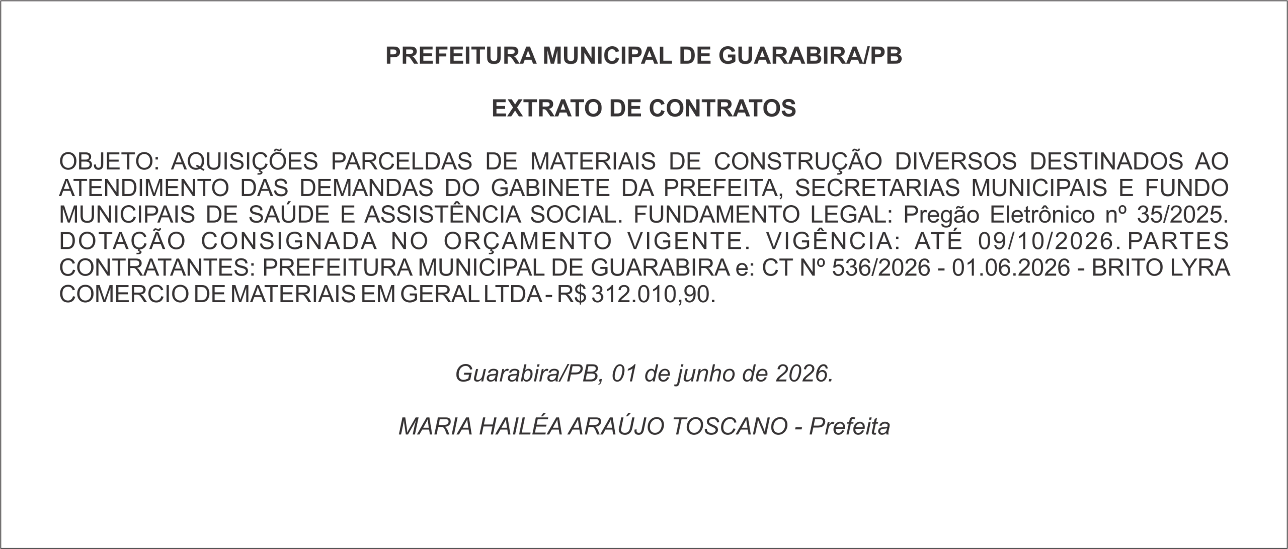 PREFEITURA MUNICIPAL DE GUARABIRA/PB  EXTRATO DE CONTRATOS