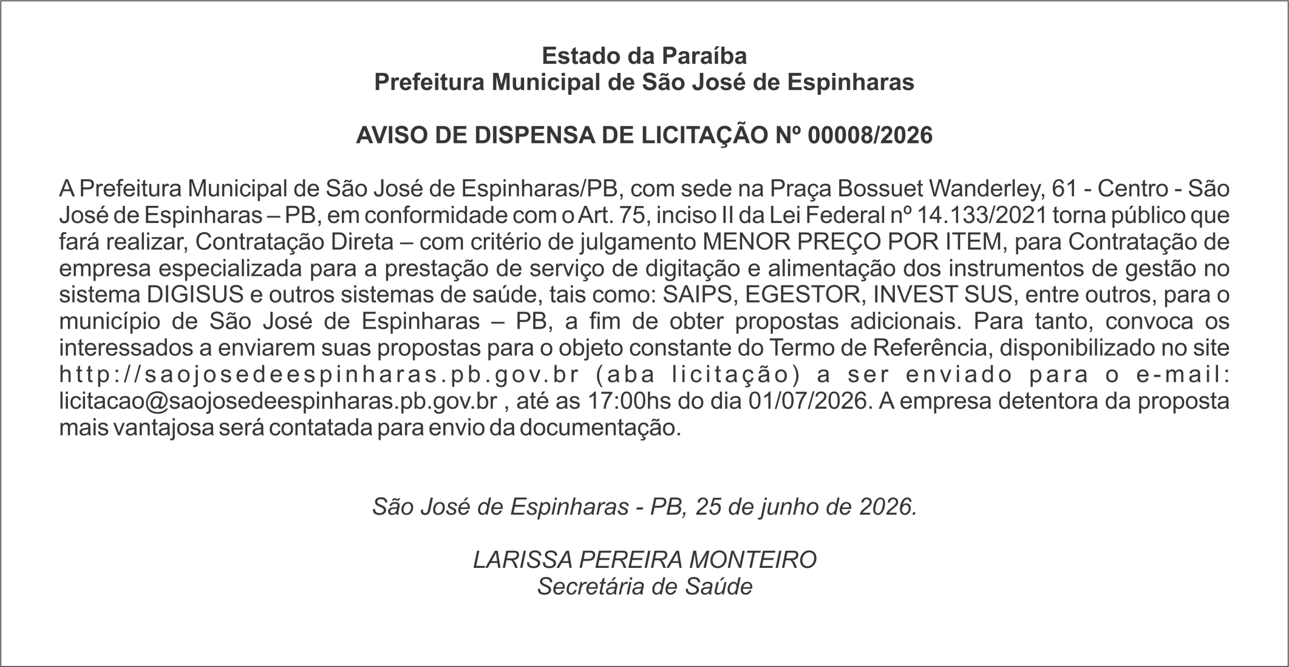 PREFEITURA DE SÃO JOSÉ  DE ESPINHARAS – AVISO DE DISPENSA DE LICITAÇÃO Nº 00008/2026
