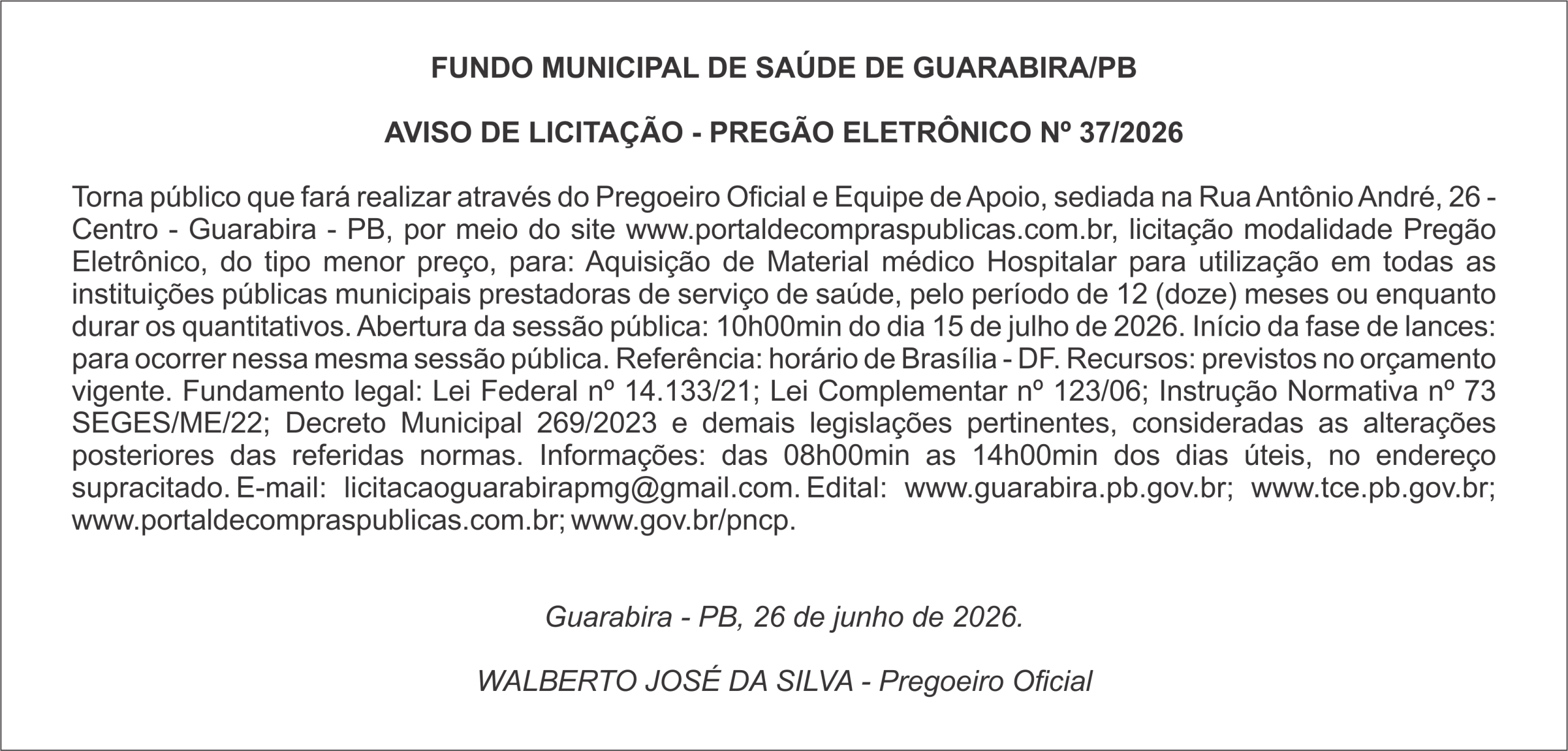 FUNDO MUNICIPAL DE SAÚDE DE GUARABIRA/PB – AVISO DE LICITAÇÃO – PREGÃO ELETRÔNICO Nº 37/2026