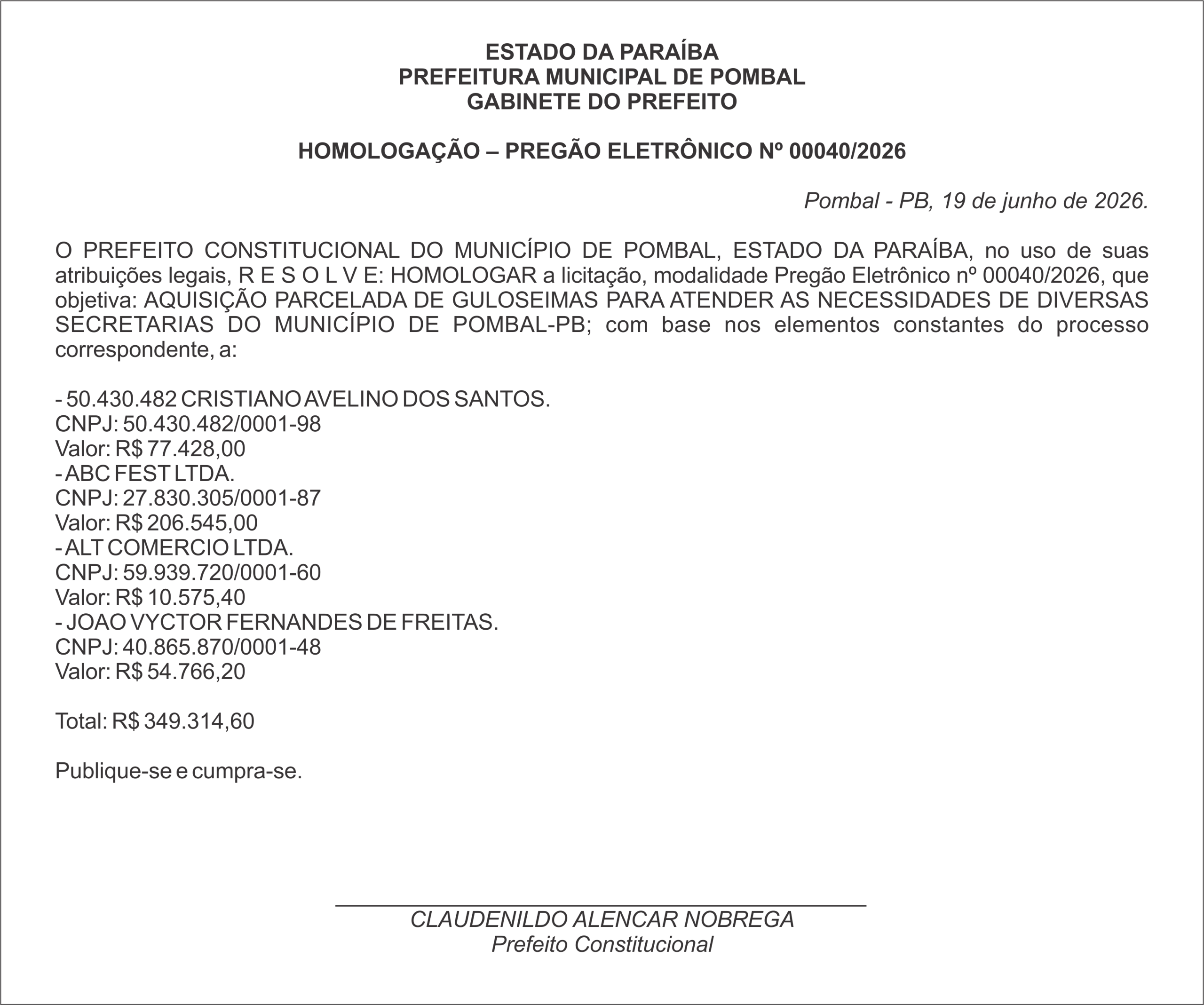 PREFEITURA MUNICIPAL DE POMBAL – HOMOLOGAÇÃO – PREGÃO ELETRÔNICO Nº 00040/2026