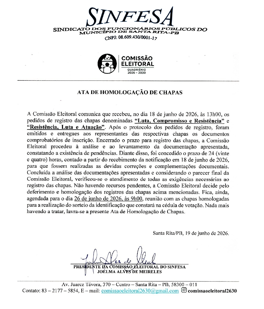 SINFESA – ATA DE HOMOLOGAÇÃO DE CHAPAS