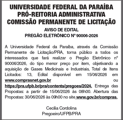 UNIVERSIDADE FEDERAL DA PARAIBA -PREGÃO ELETRÔNICO No 90006-2026