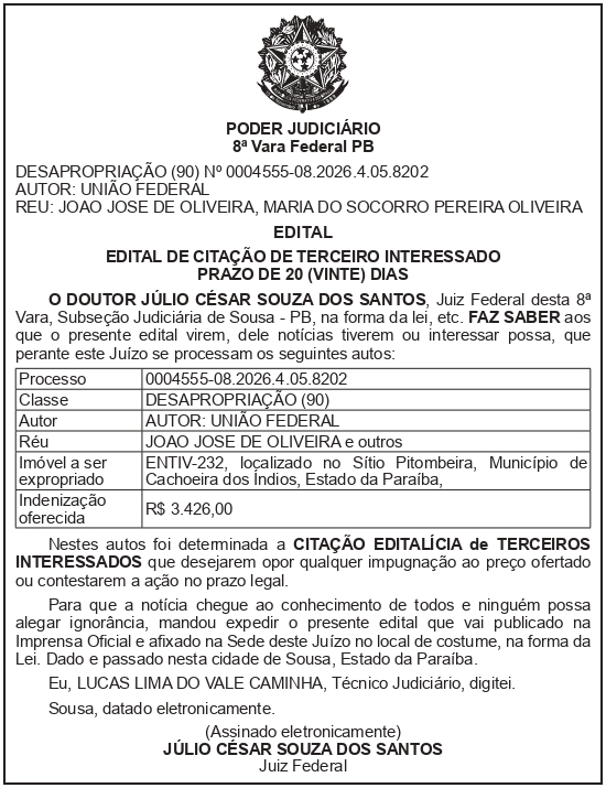SECRETARIA NACIONAL DE SEGURANÇA HIDRICA – SNSH – MDR – DF – BRASÍLIA – Edital de Citação de Terceiro Interessado – ENTIV- 232 (JOÃO JOSÉ DE OLIVEIRA)