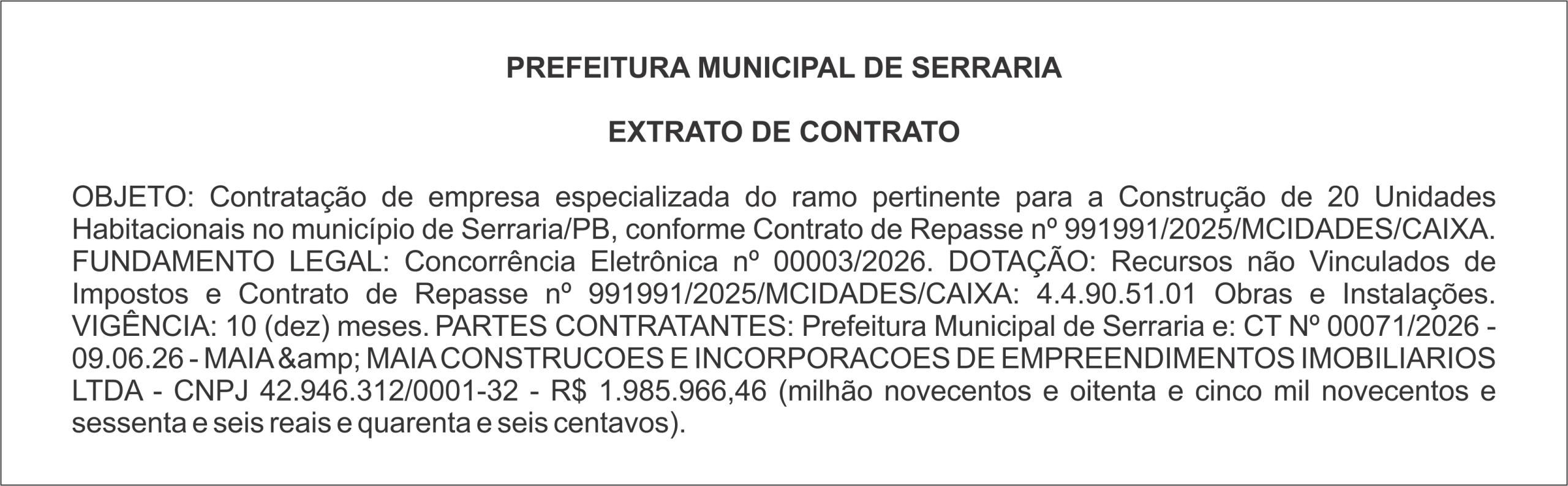 PREFEITURA MUNICIPAL DE SERRARIA – EXTRATO DE CONTRATO