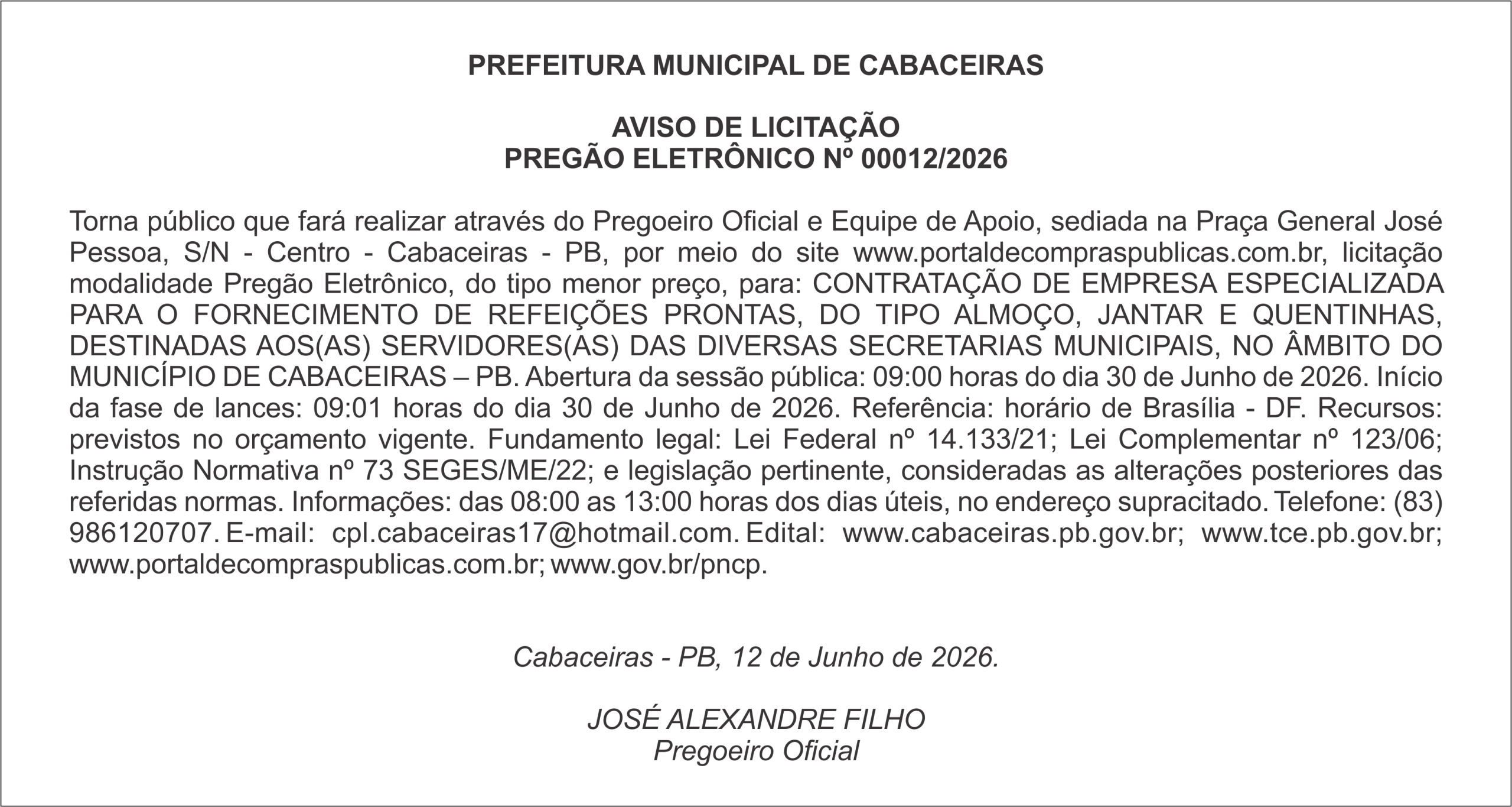 PREFEITURA MUNICIPAL DE CABACEIRAS – AVISO DE PREGÃO ELETRÔNICO Nº 13/2026