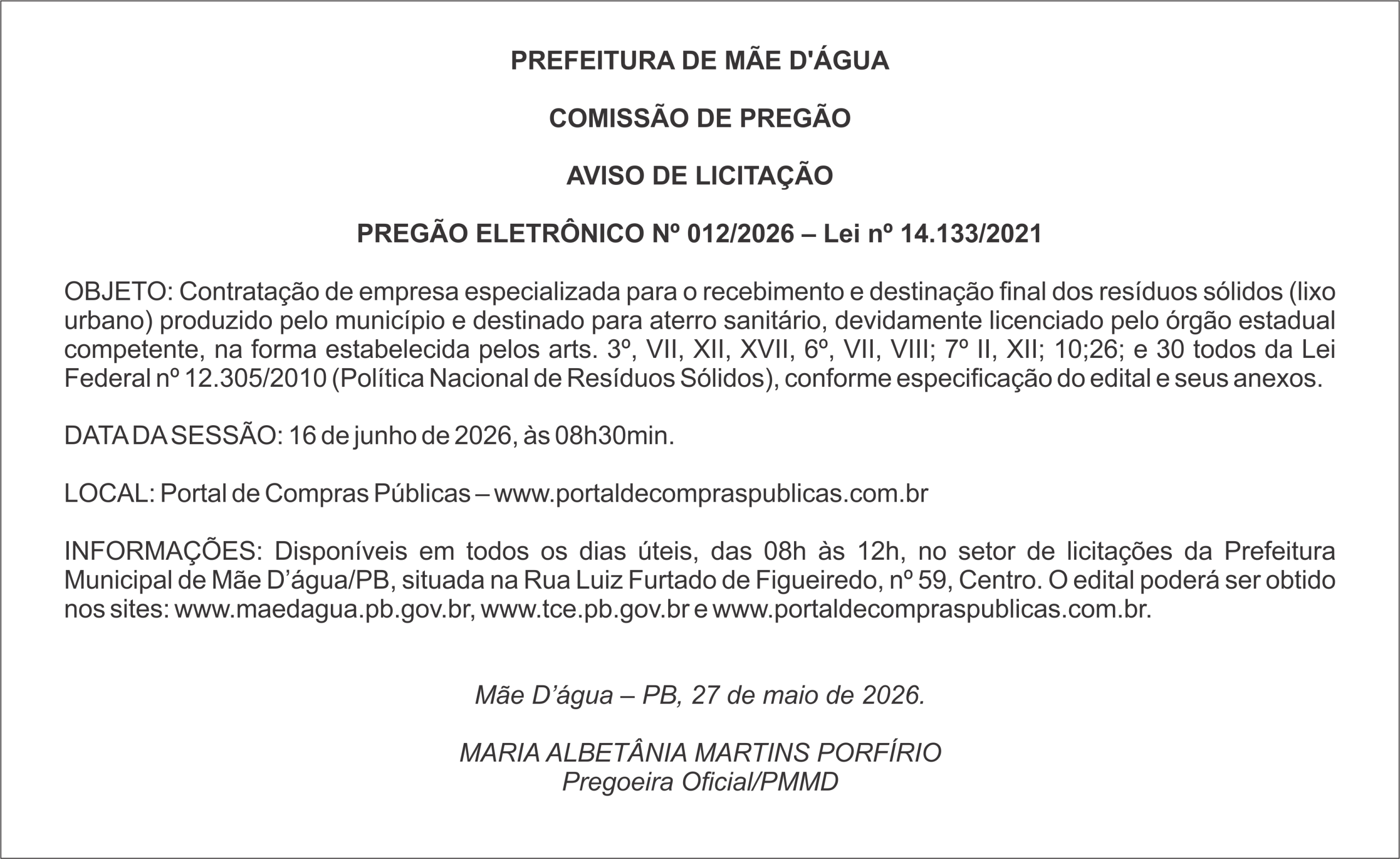 PREFEITURA DE MÃE D’ÁGUA -AVISO DE CONTRATAÇÃO DIRETA