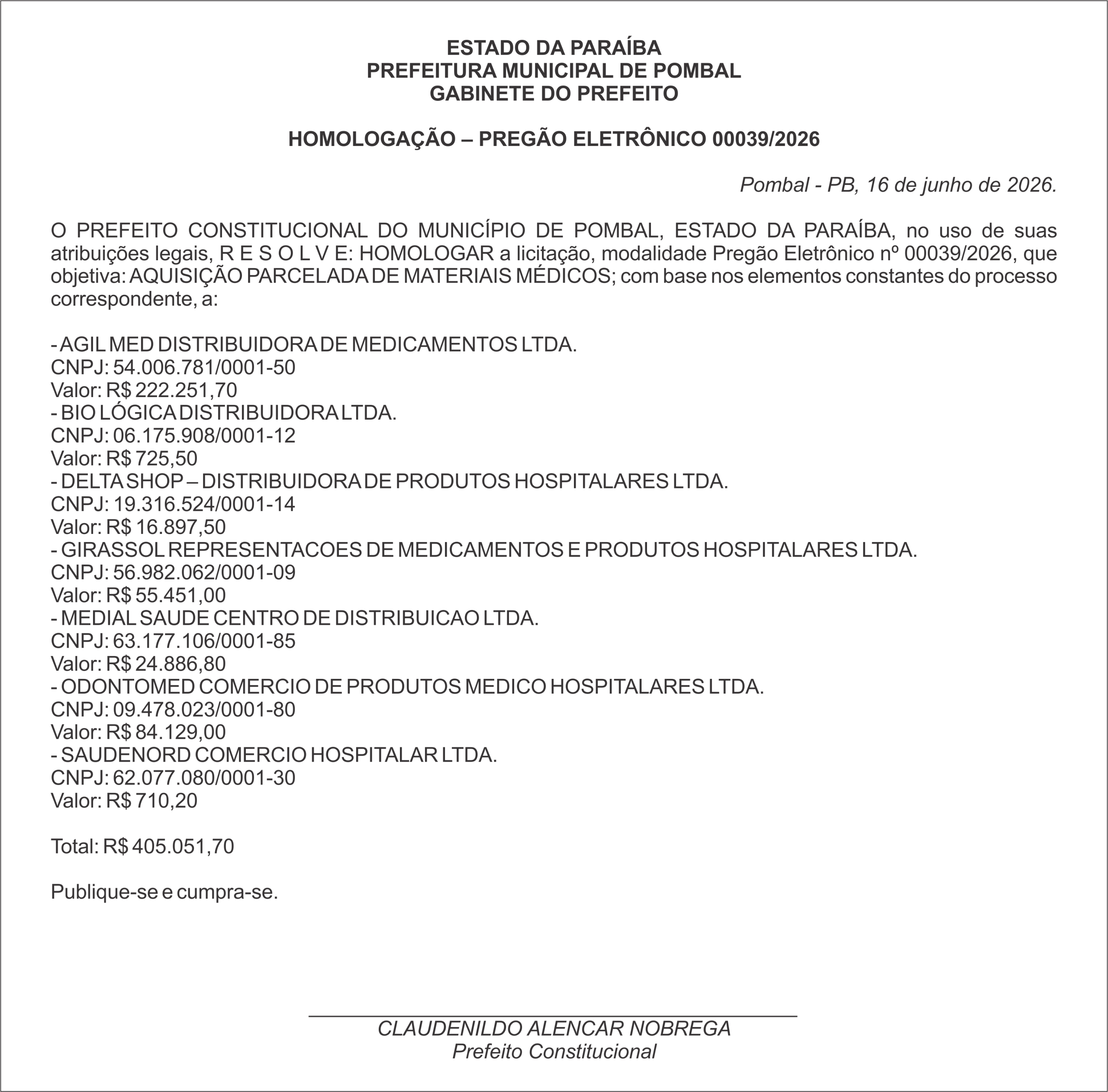 PREFEITURA MUNICIPAL DE POMBAL – HOMOLOGAÇÃO – PREGÃO ELETRÔNICO 00039/2026