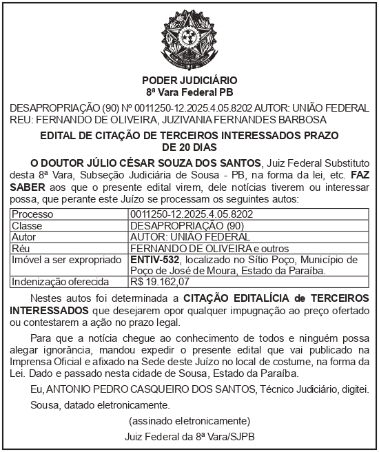 SECRETARIA NACIONAL DE SEGURANÇA HIDRICA – SNSH – MDR – DF – BRASÍLIA – Edital de Citação de Terceiro Interessado – ENTIV- 532 (FERNANDO DE OLIVEIRA)