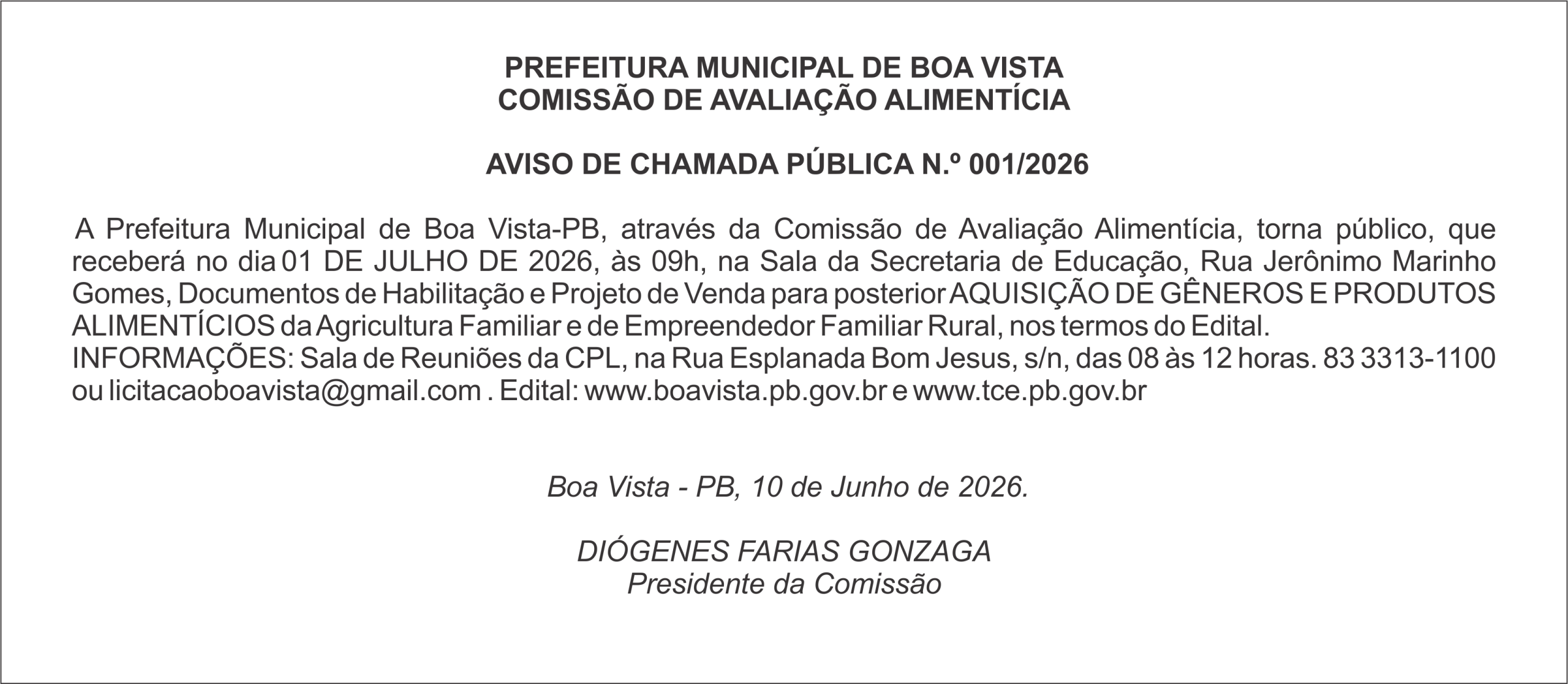 PREFEITURA MUNICIPAL DE BOA VISTA – AVISO DE CHAMADA PÚBLICA N.º 001/2026