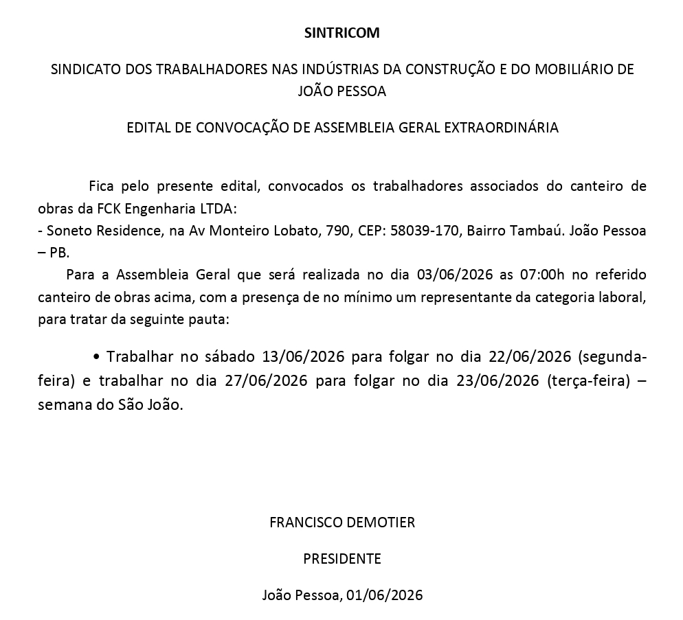 SINTRICOM – EDITAL DE CONVOCAÇÃO DE ASSEMBLEIA GERAL EXTRAORDINÁRIA