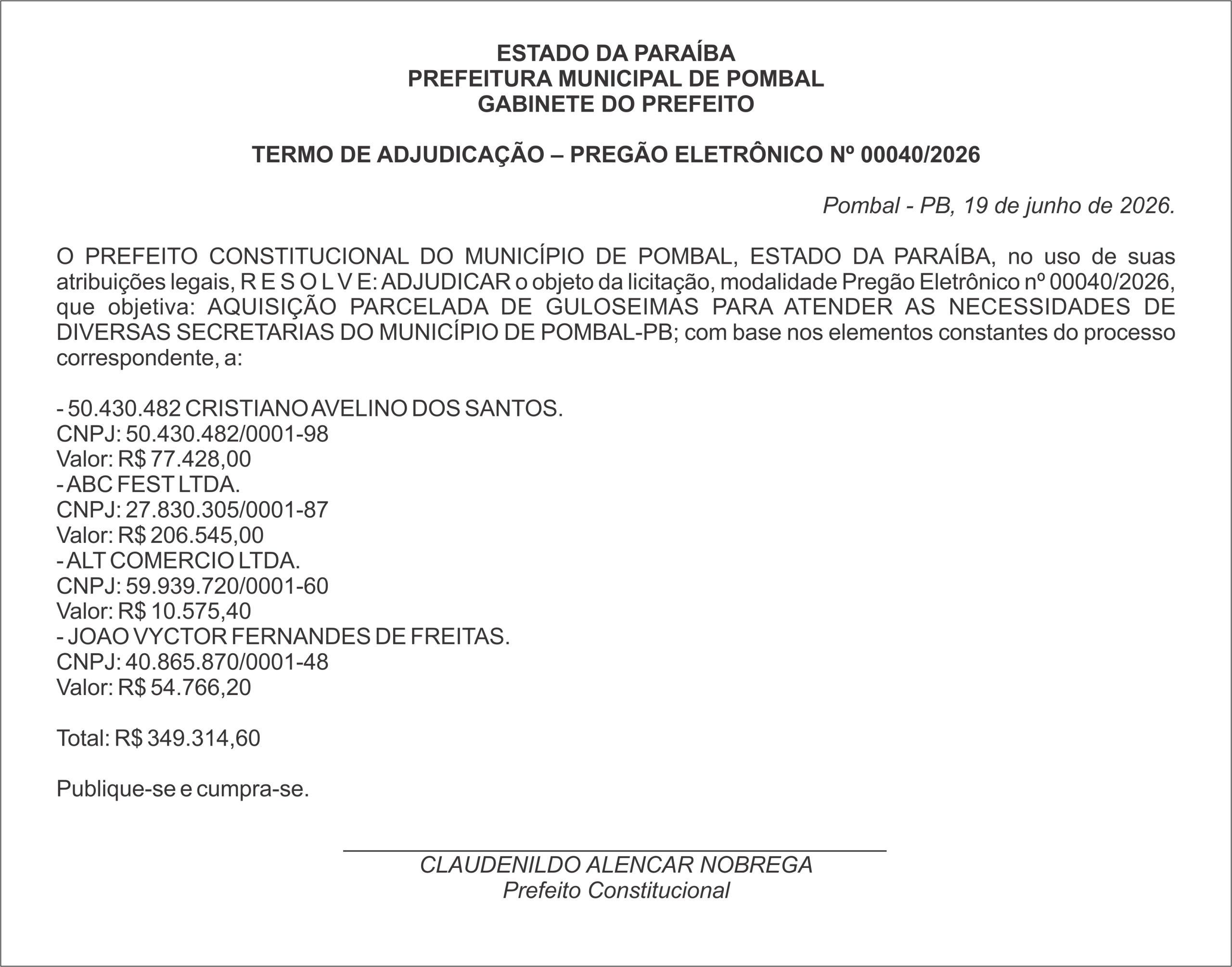 PREFEITURA MUNICIPAL DE POMBAL – ADJUDICAÇÃO – PREGÃO ELETRÔNICO Nº 00040/2026