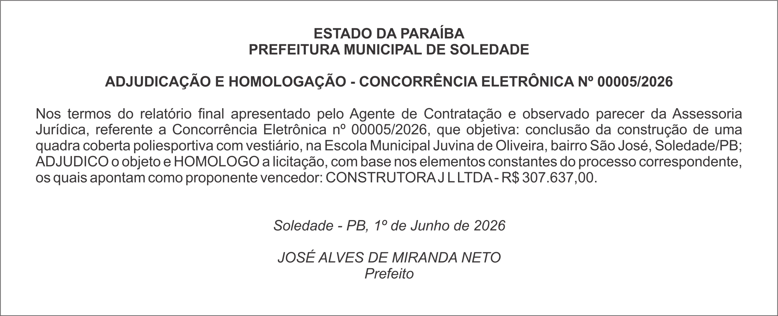 PREFEITURA MUNICIPAL DE SOLEDADE – ADJUDICAÇÃO E HOMOLOGAÇÃO – CONCORRÊNCIA ELETRÔNICA Nº 00005/2026