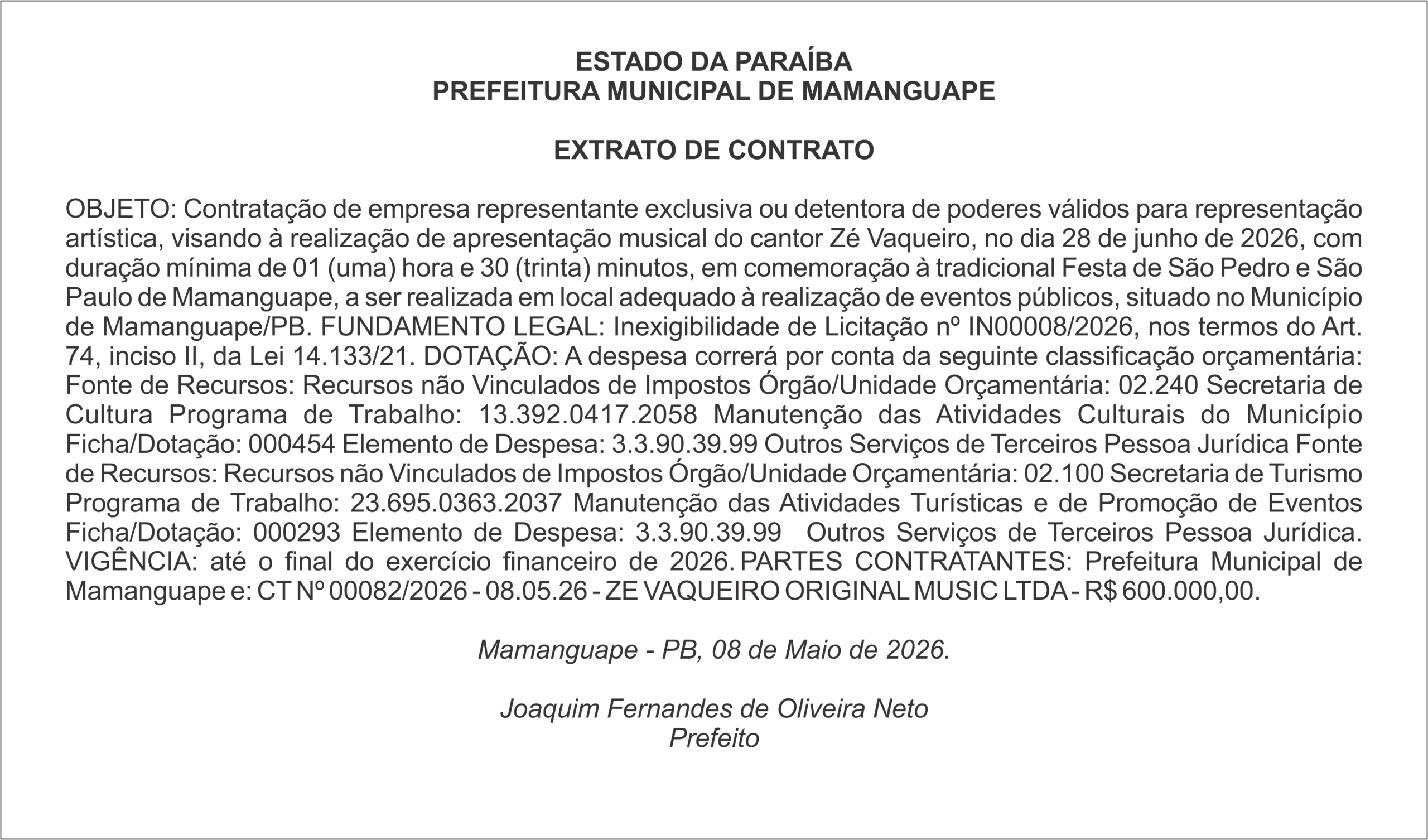 PREFEITURA MUNICIPAL DE MAMANGUAPE – EXTRATO DE CONTRATO