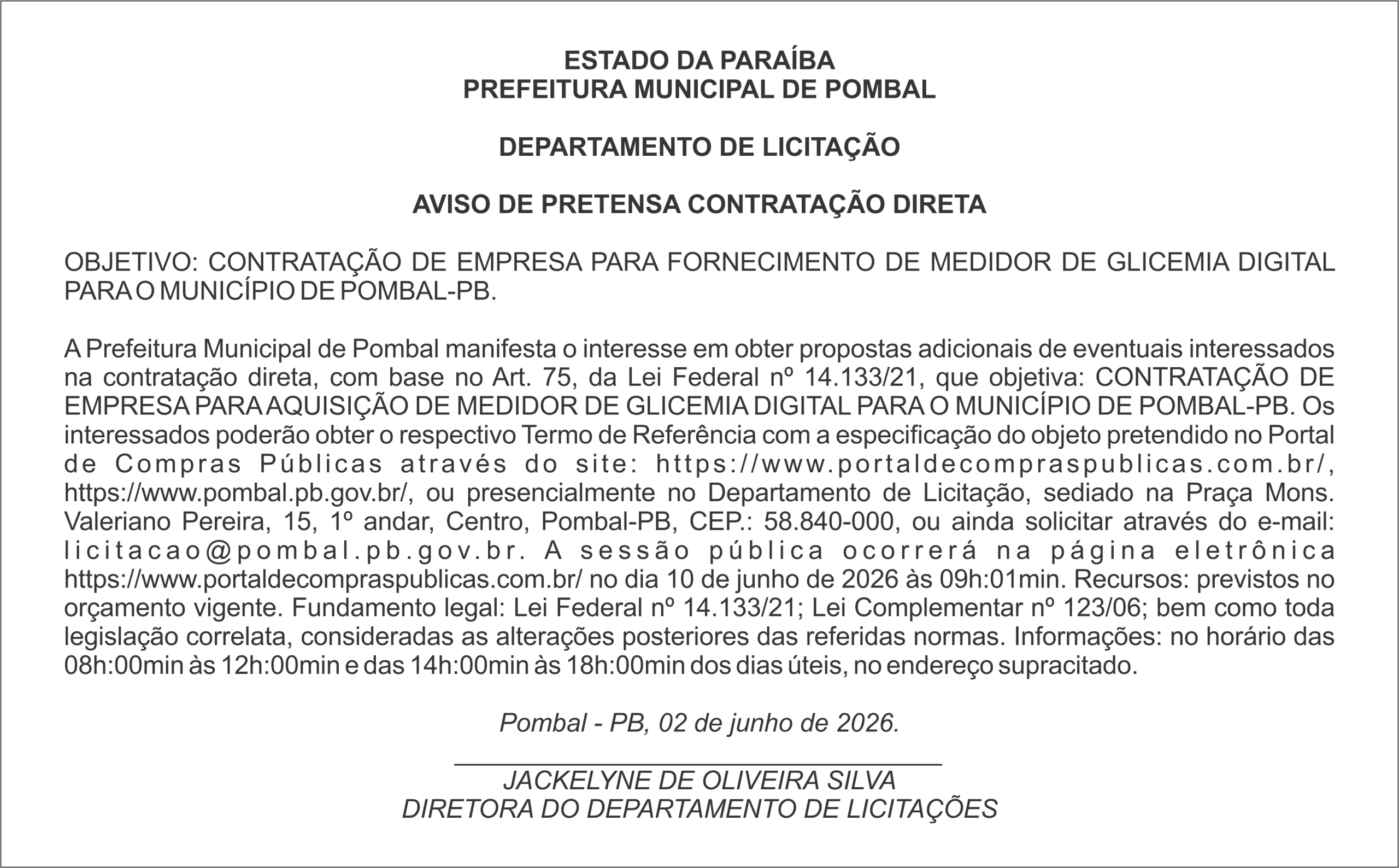 PREFEITURA MUNICIPAL DE POMBAL – AVISO DE PRETENSA CONTRATAÇÃO DIRETA