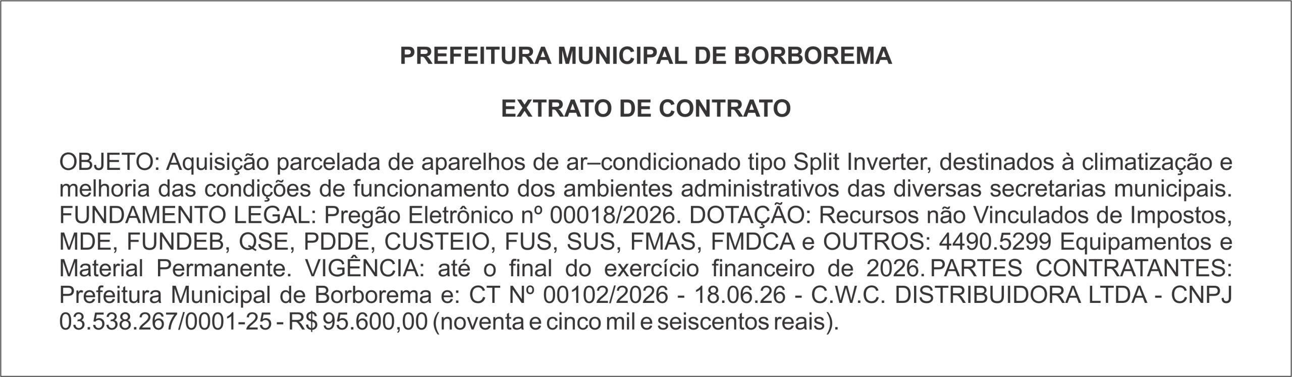 PREFEITURA MUNICIPAL DE BORBOREMA – EXTRATO DE CONTRATO