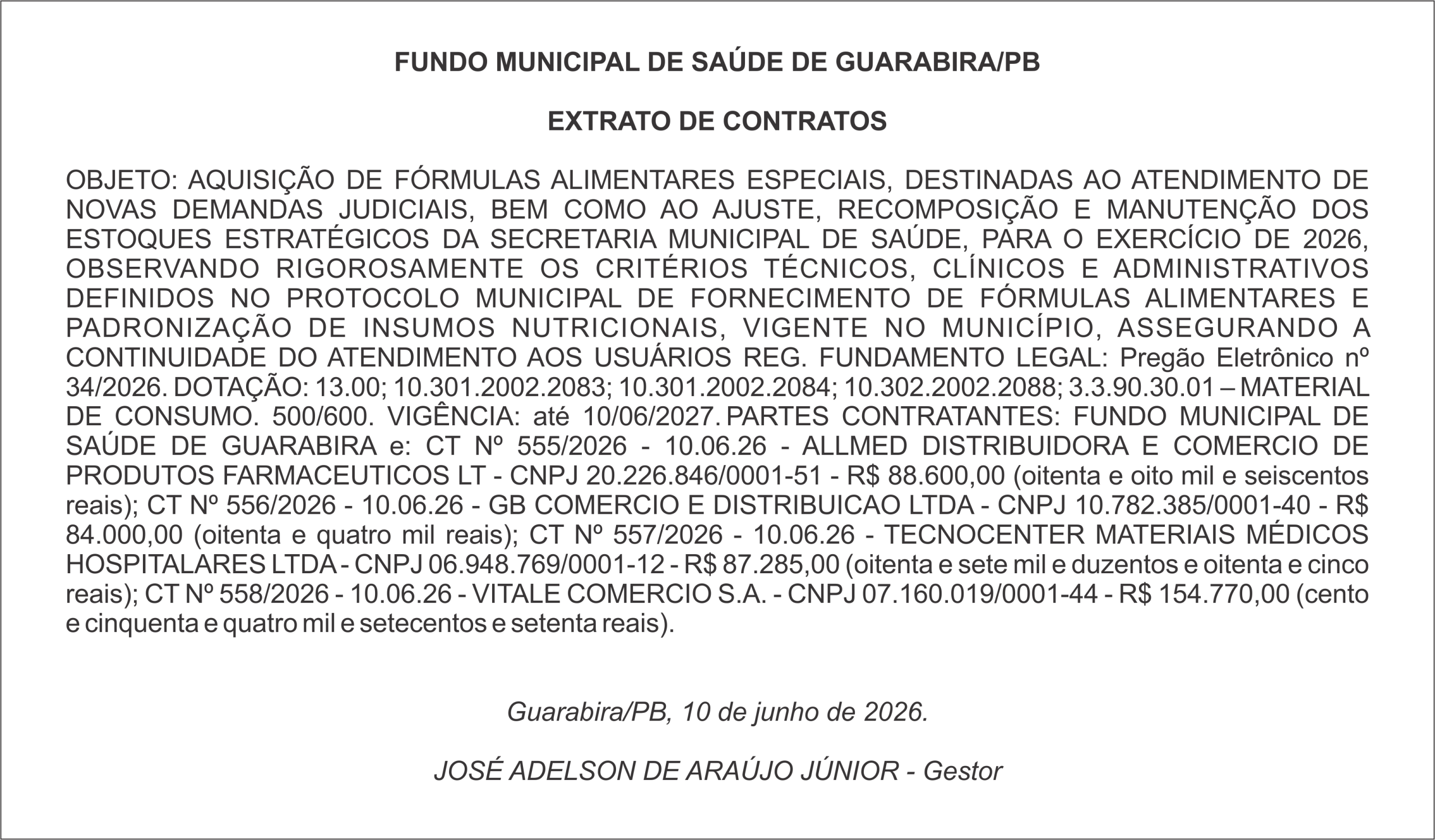 FUNDO MUNICIPAL DE SAÚDE DE GUARABIRA/PB – EXTRATO DE CONTRATOS