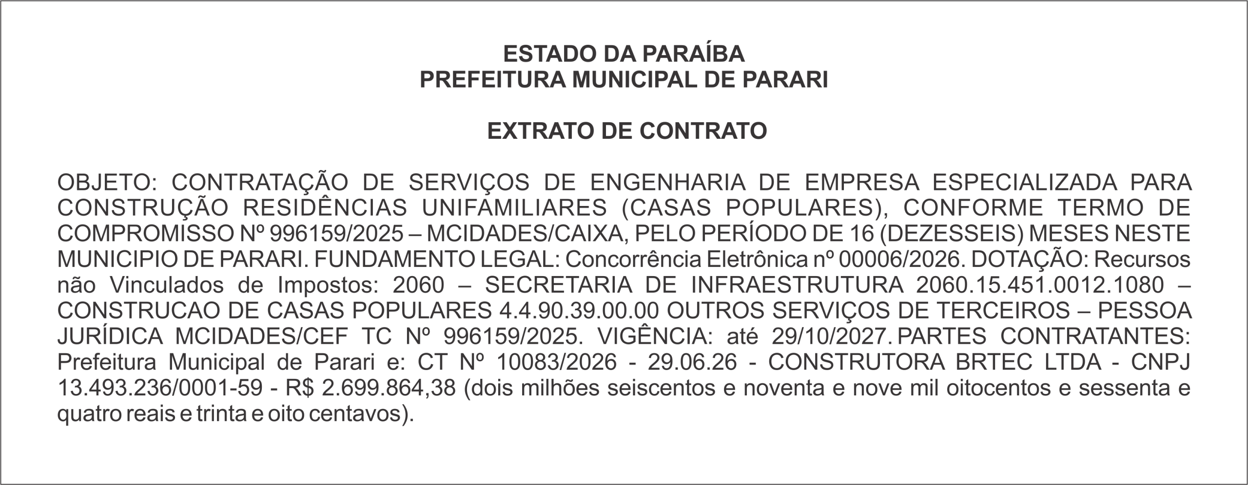 PREFEITURA MUNICIPAL DE PARARI     EXTRATO DE CONTRATO