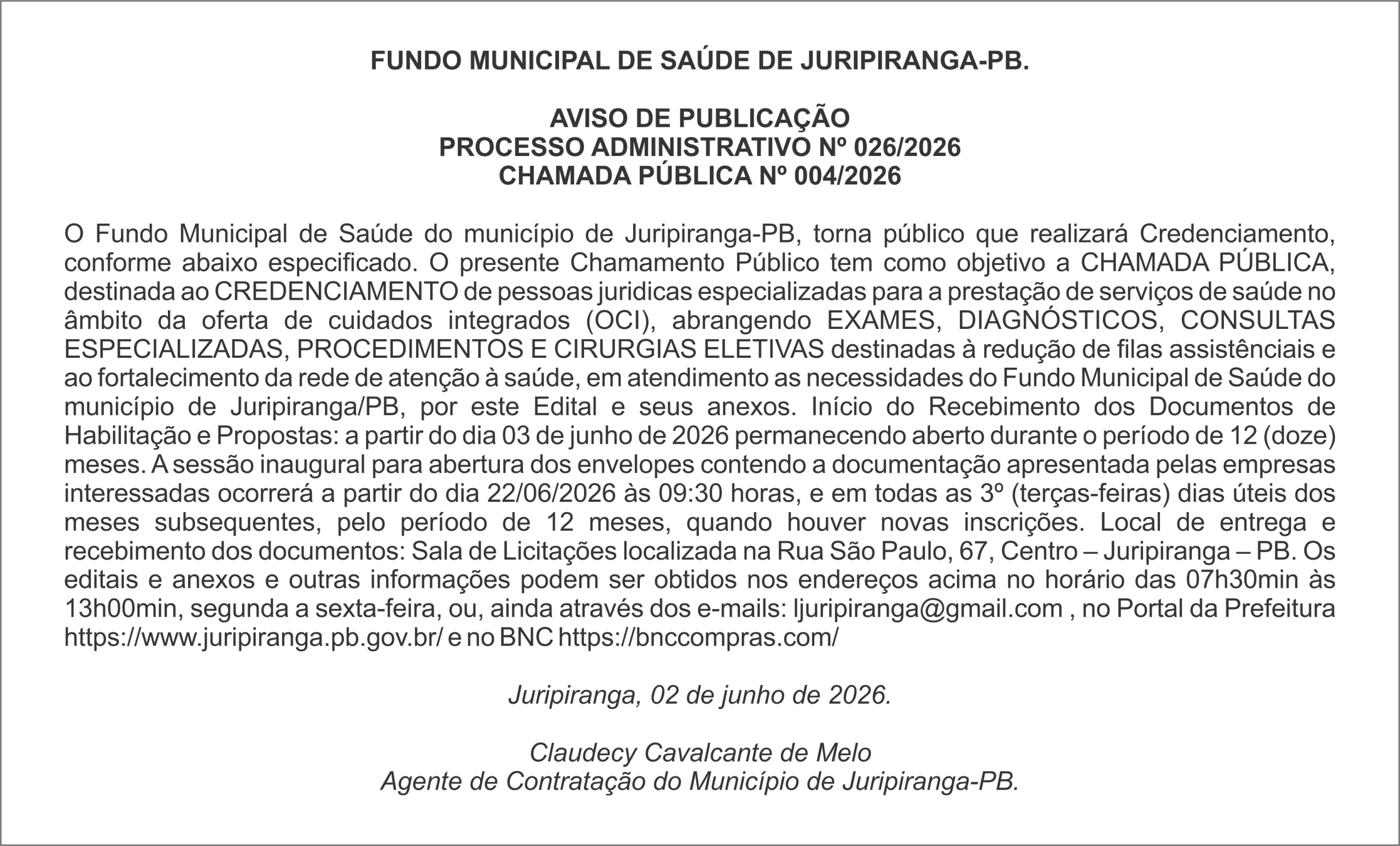 FUNDO MUNICIPAL DE SAÚDE DE JURIPIRANGA-PB – AVISO DE PUBLICAÇÃO – PROCESSO ADMINISTRATIVO Nº 026/2026