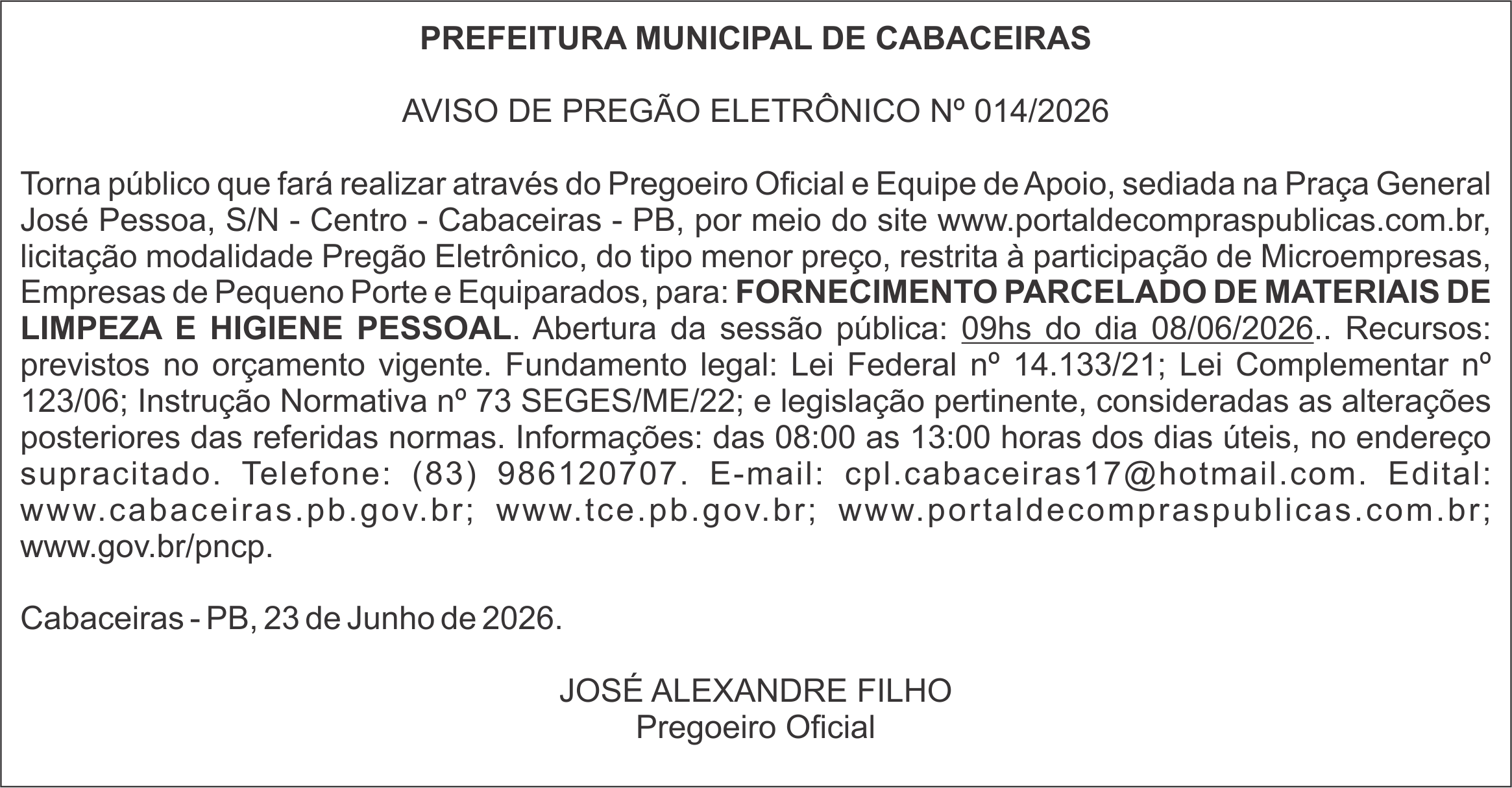 PREFEITURA MUNICIPAL DE CABACEIRAS – AVISO DE PREGÃO ELETRÔNICO Nº 014/2026