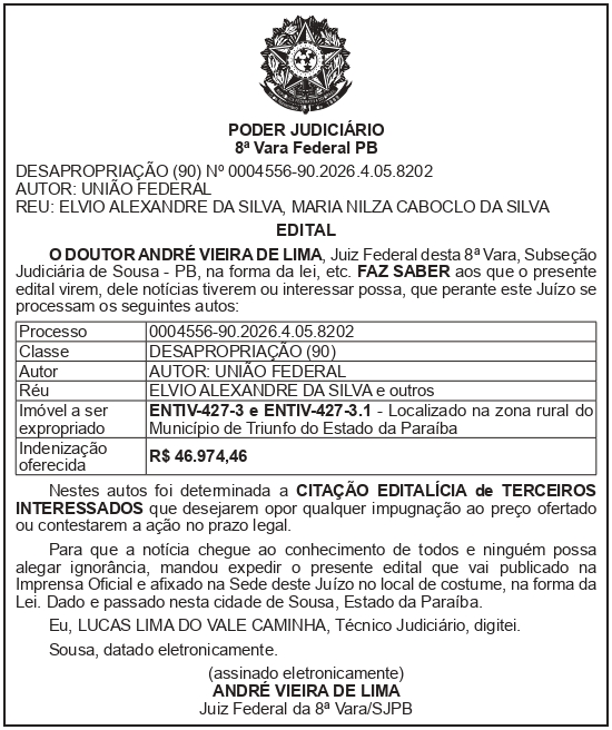SECRETARIA NACIONAL DE SEGURANÇA HIDRICA – SNSH – MDR – DF – BRASÍLIA – Edital de Citação de Terceiro Interessado – ENTIV-427-3 e ENTIV-427-3.1(ELVIO ALEXANDRE DA SILVA)