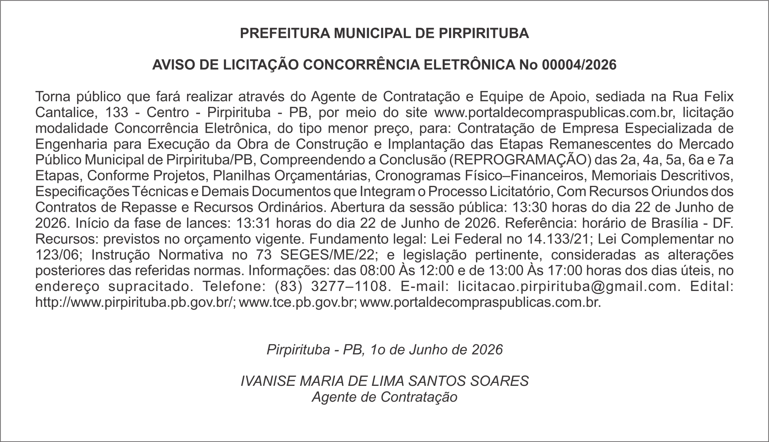 PREFEITURA MUNICIPAL DE PIRPIRITUBA – AVISO DE LICITAÇÃO CONCORRÊNCIA ELETRÔNICA No 00004/2026