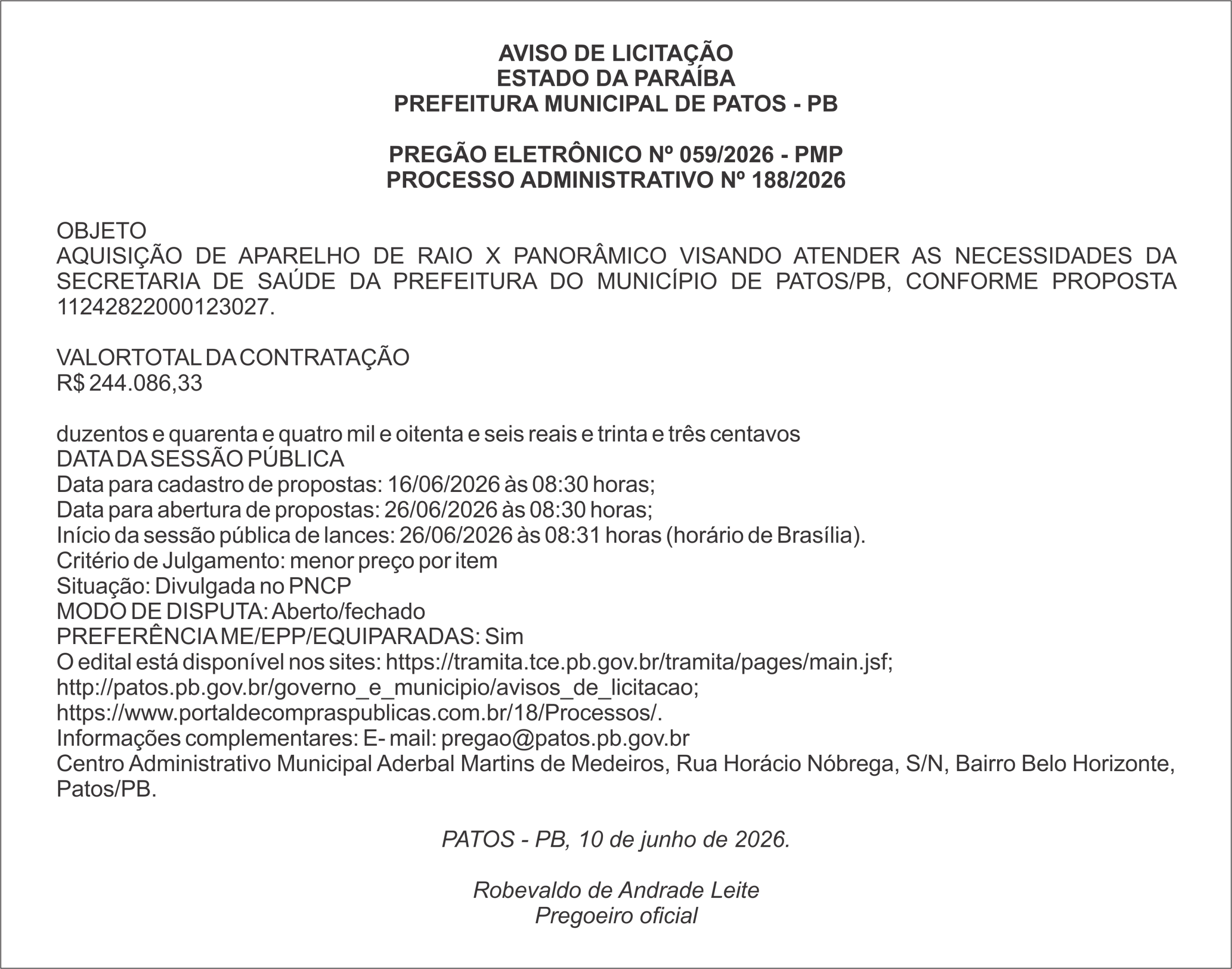 PREFEITURA MUNICIPAL DE PATOS – PB PREGÃO ELETRÔNICO Nº 059/2026 – PMP