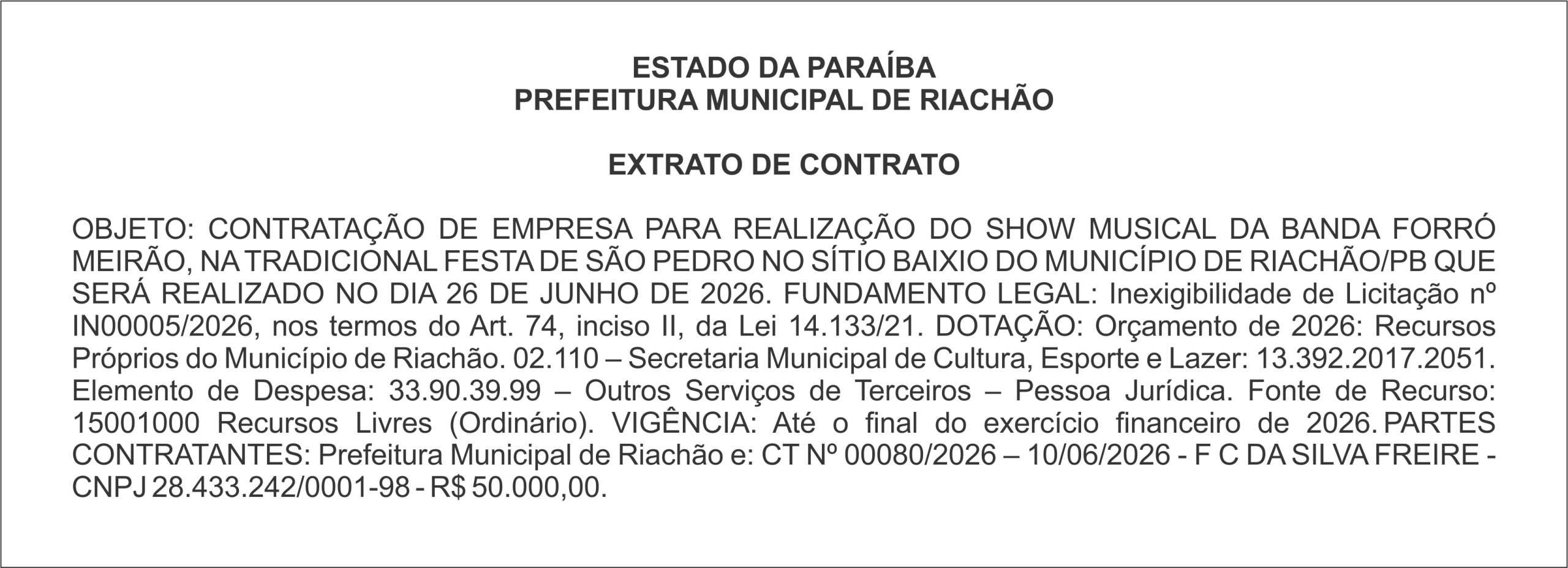 PREFEITURA MUNICIPAL DE RIACHÃO  EXTRATO DE CONTRATO
