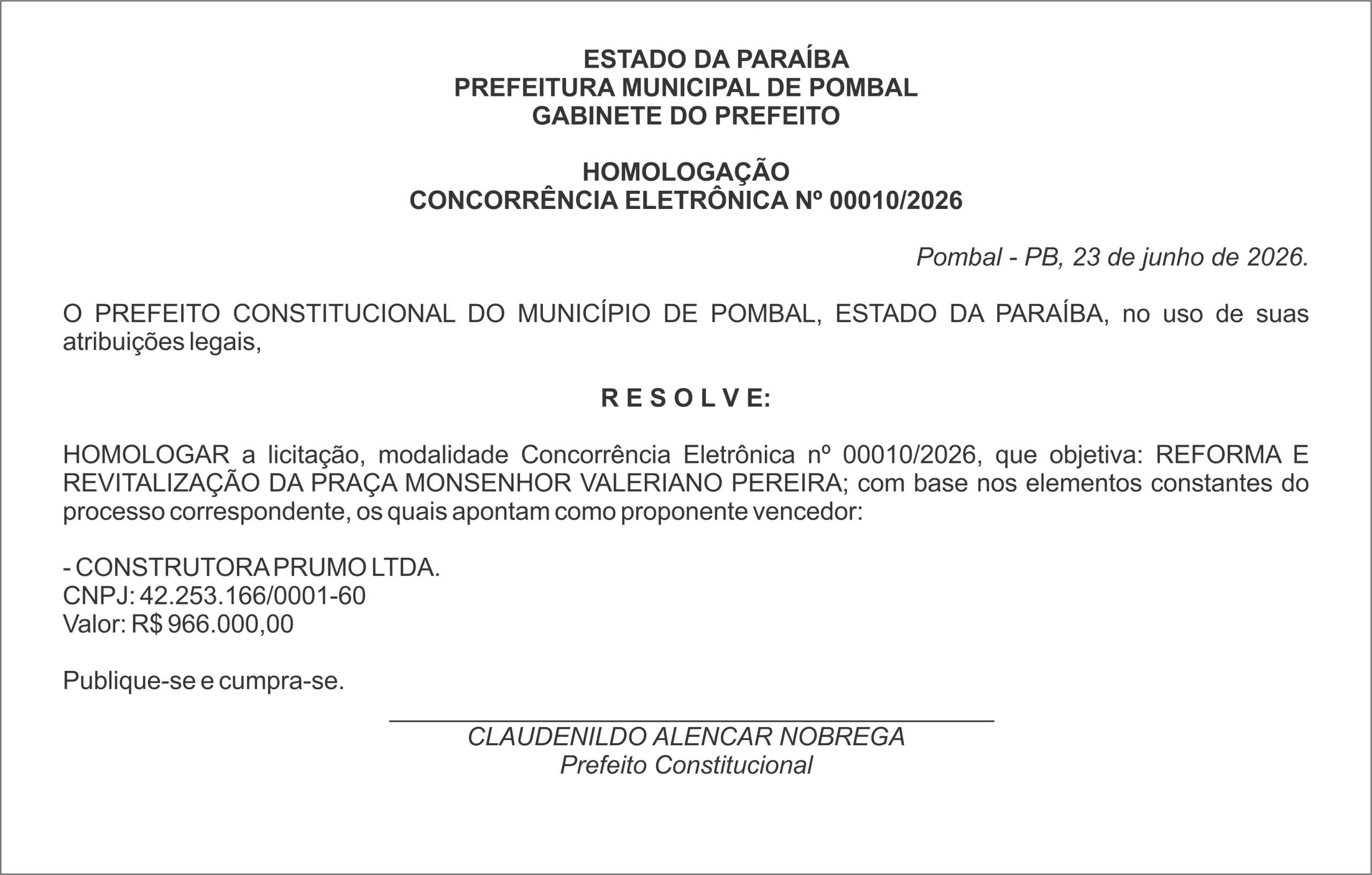 PREFEITURA MUNICIPAL DE POMBAL – HOMOLOGAÇÃO  CONCORRÊNCIA ELETRÔNICA Nº 00010/2026
