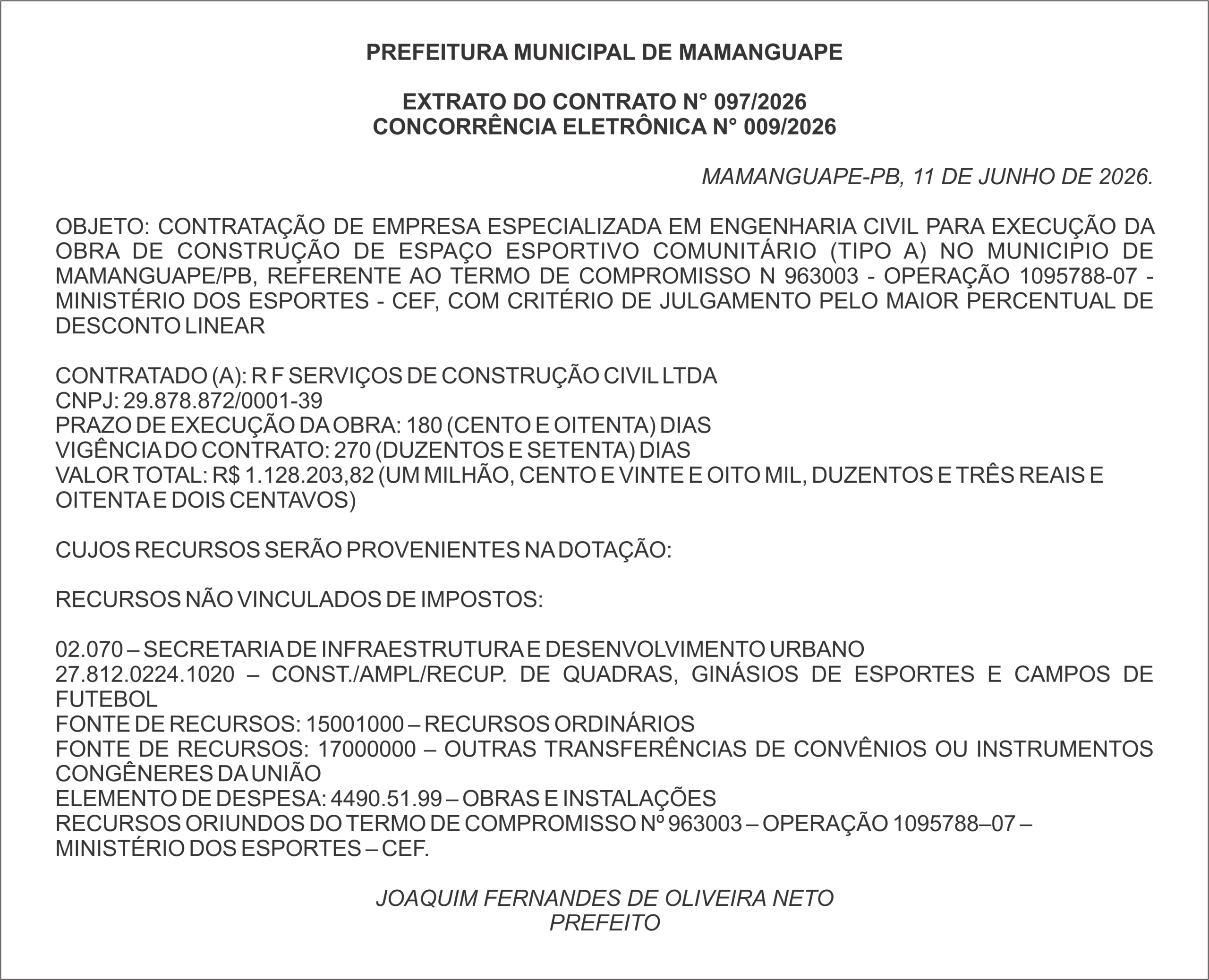 PREFEITURA DE MAMANGUAPE – EXTRATO DO CONTRATO N° 097/2026