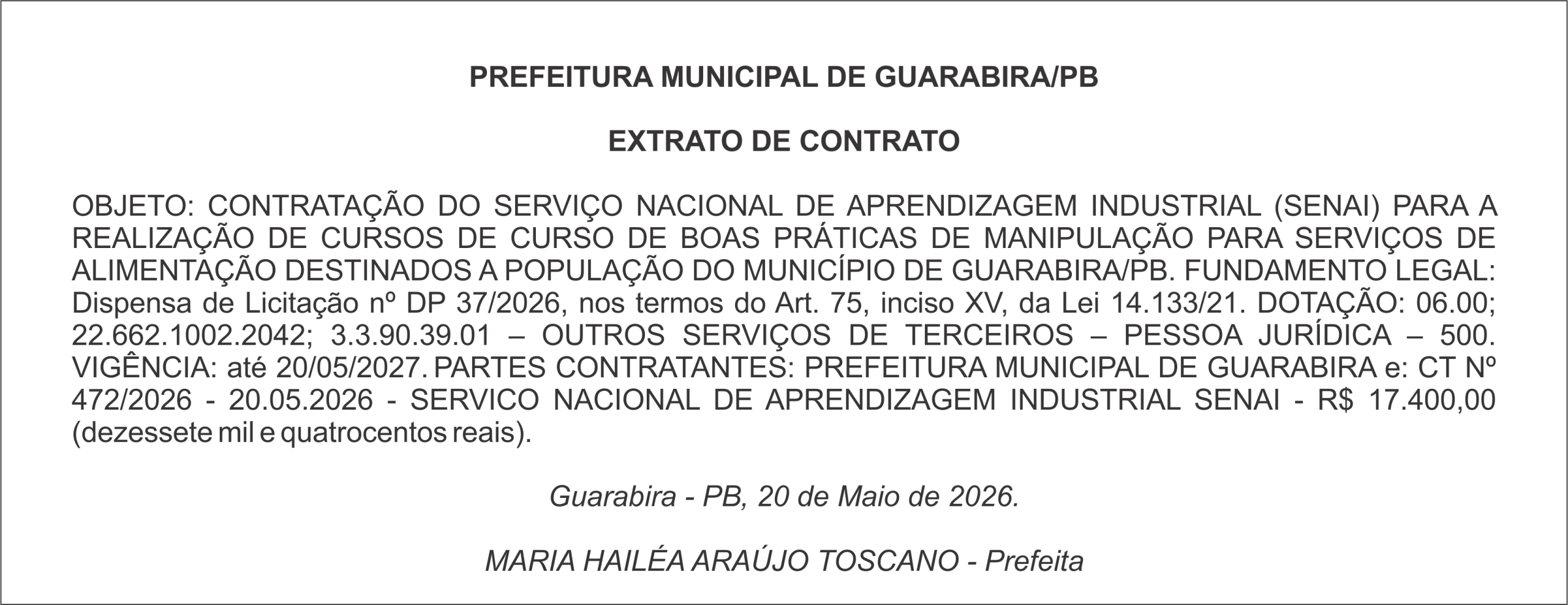 PREFEITURA MUNICIPAL DE GUARABIRA/PB EXTRATO DE CONTRATO
