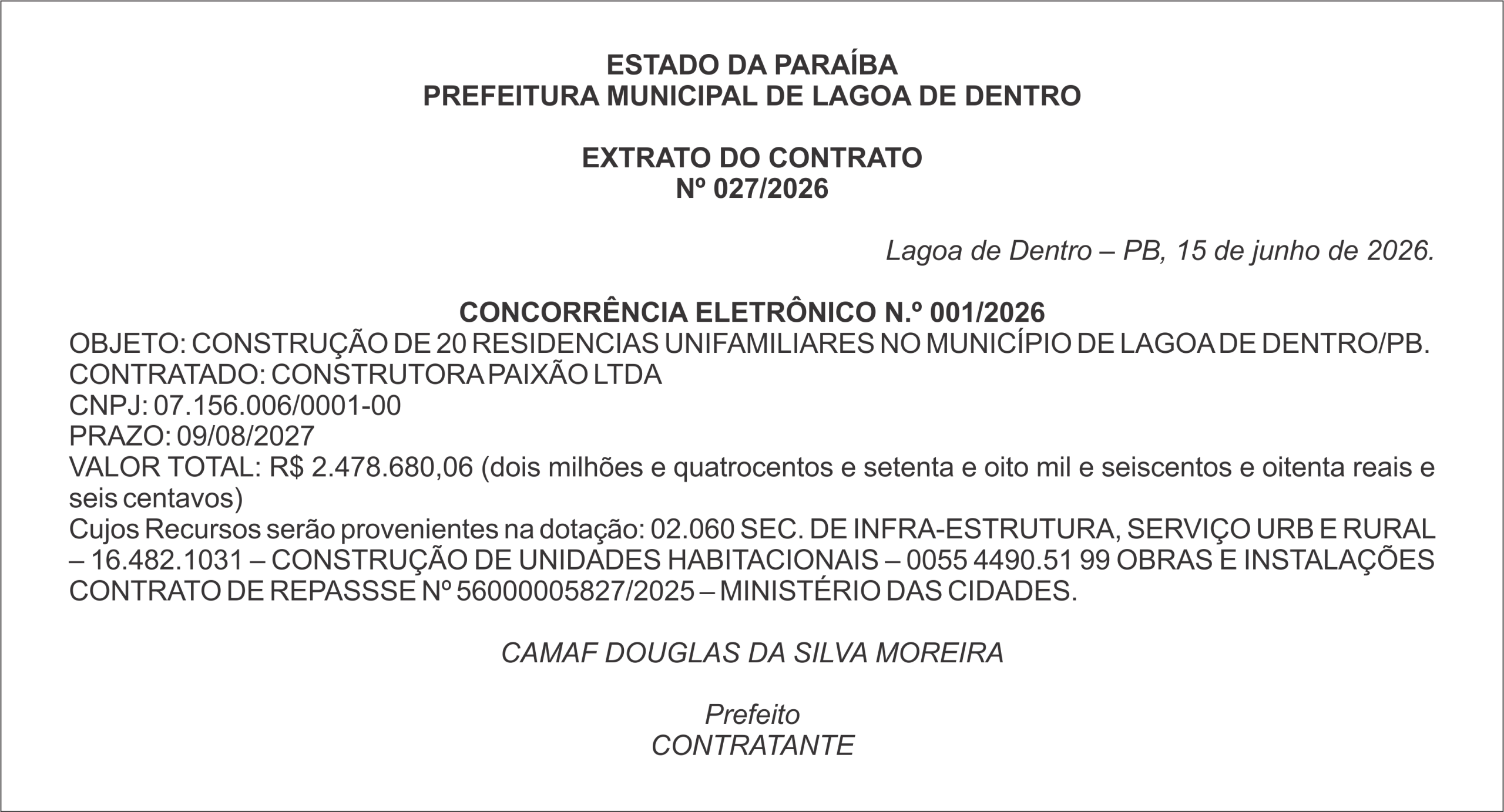 PREFEITURA MUNICIPAL DE LAGOA DE DENTRO – EXTRATO DO CONTRATO Nº 027/2026