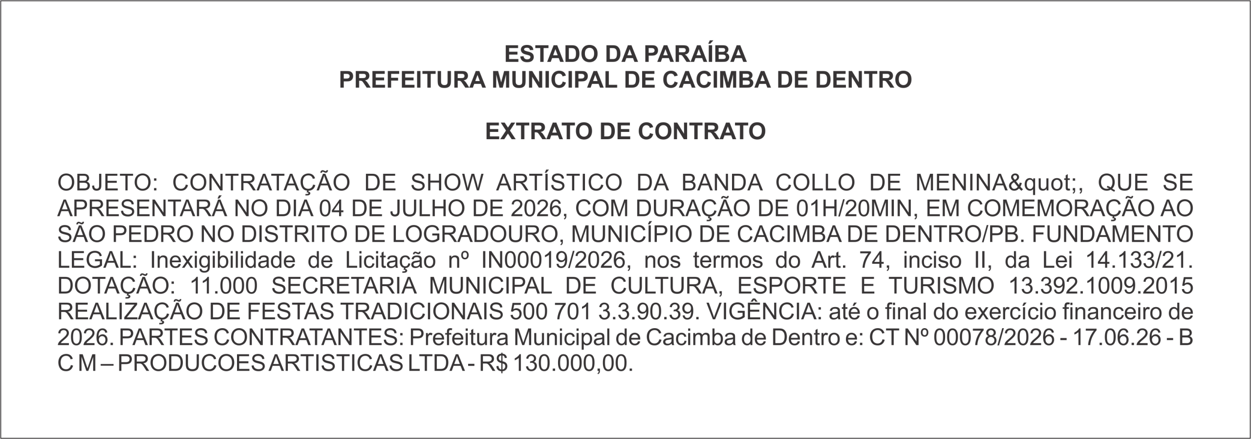 PREFEITURA MUNICIPAL DE CACIMBA DE DENTRO – EXTRATO DE CONTRATO