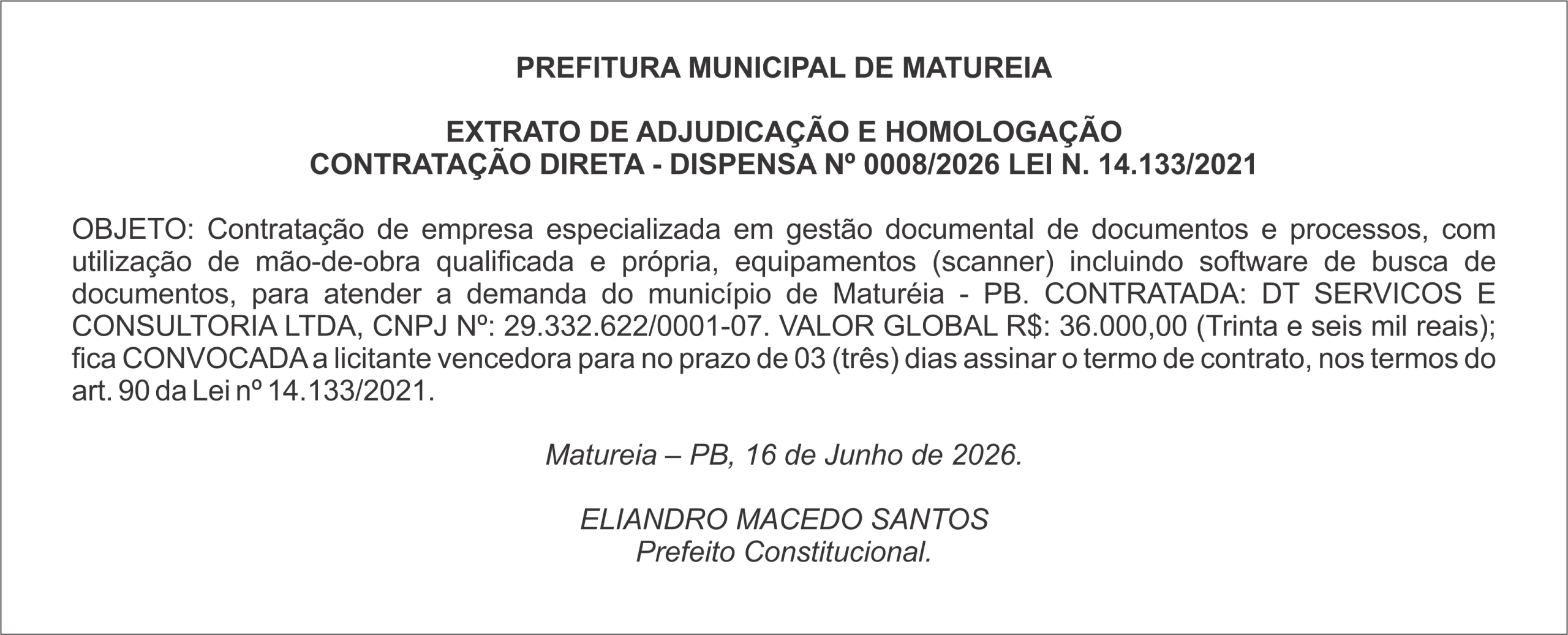 PREFITURA MUNICIPAL DE MATUREIA – EXTRATO DE ADJUDICAÇÃO E HOMOLOGAÇÃO