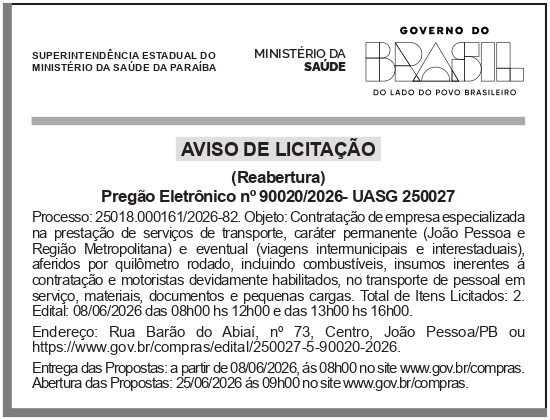 SEMS – PB – JOÃO PESSOA – Pregão Eletrônico No 90020/2026