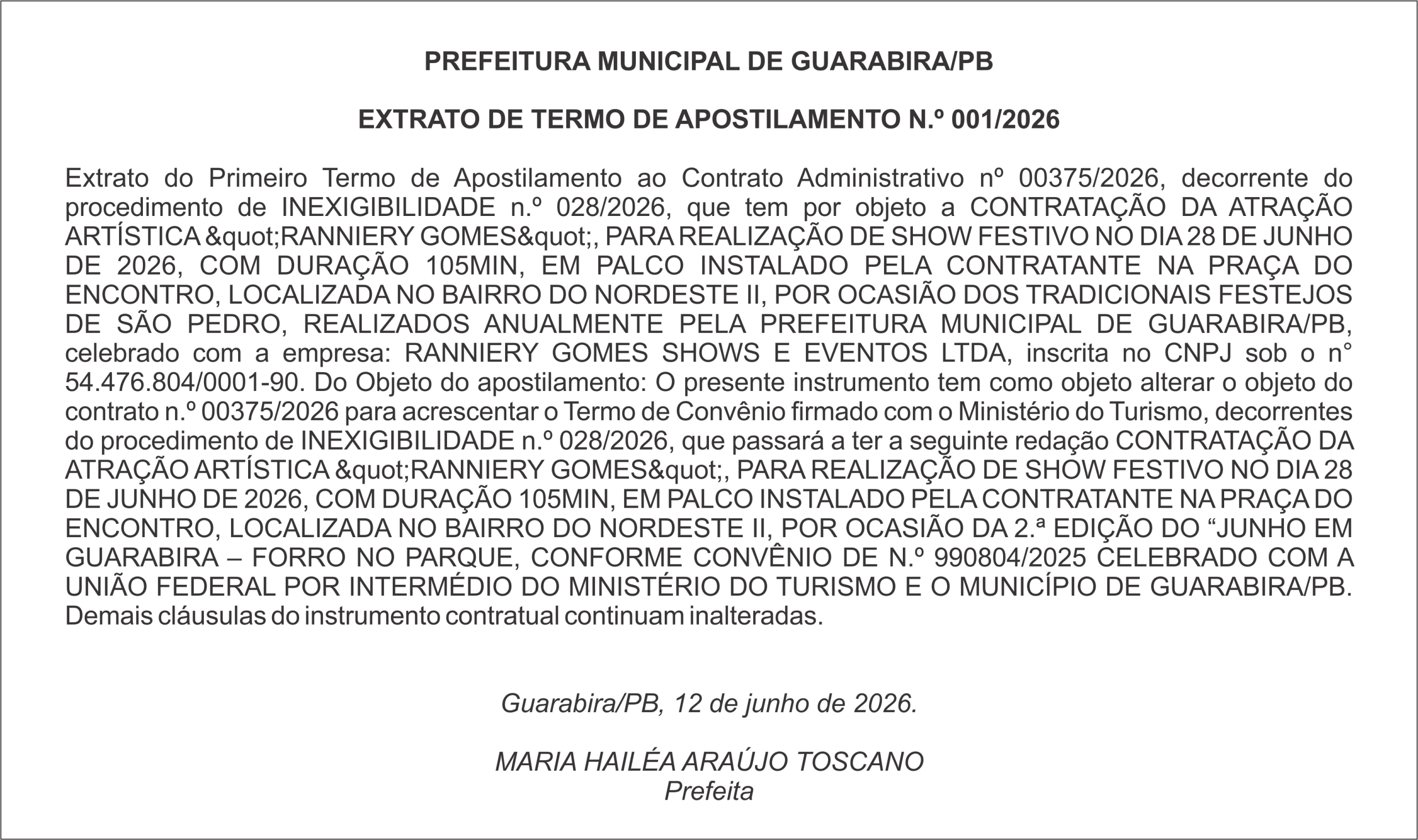 PREFEITURA MUNICIPAL DE GUARABIRA/PB EXTRATO DE TERMO DE APOSTILAMENTO N.º 001/2026