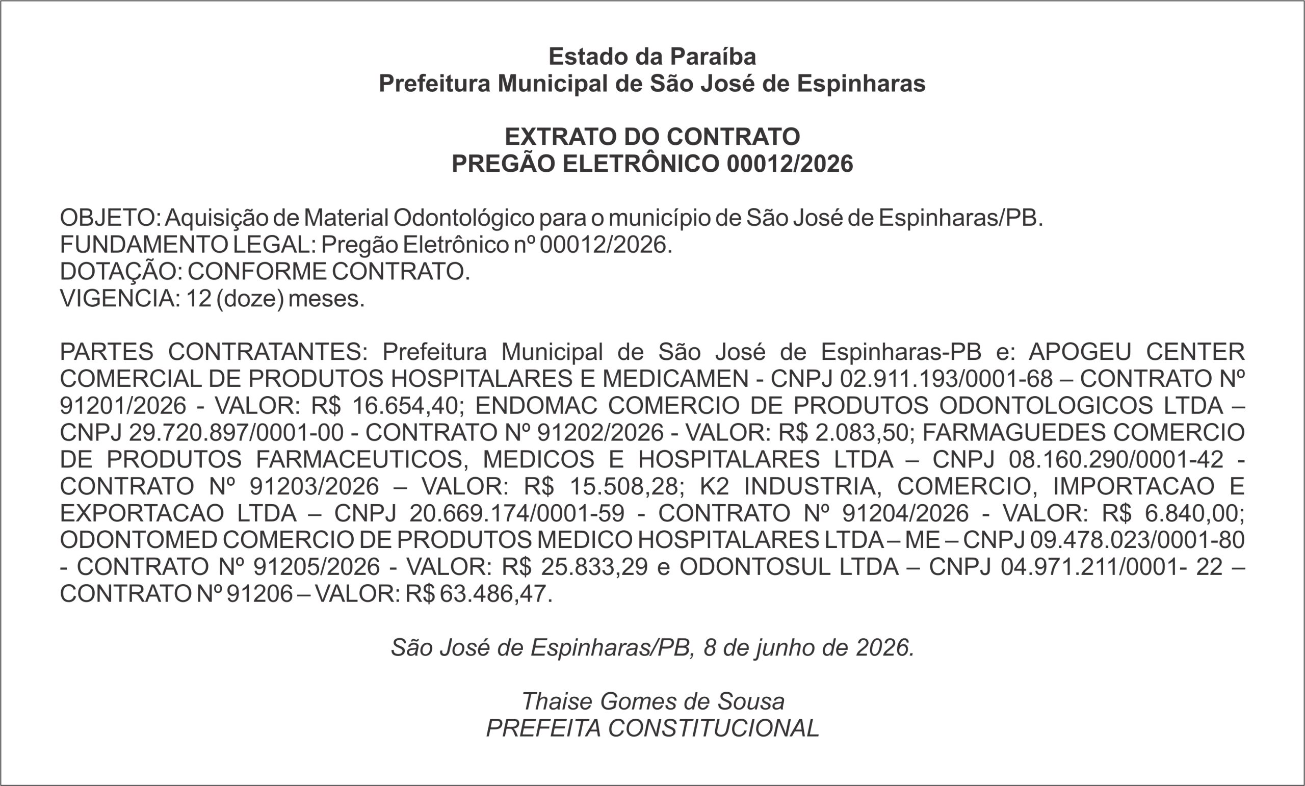 PREFEITURA DE SÃO JOSÉ DE ESPINHARAS – EXTRATO DO CONTRATO PREGÃO ELETRÔNICO 00012/2026
