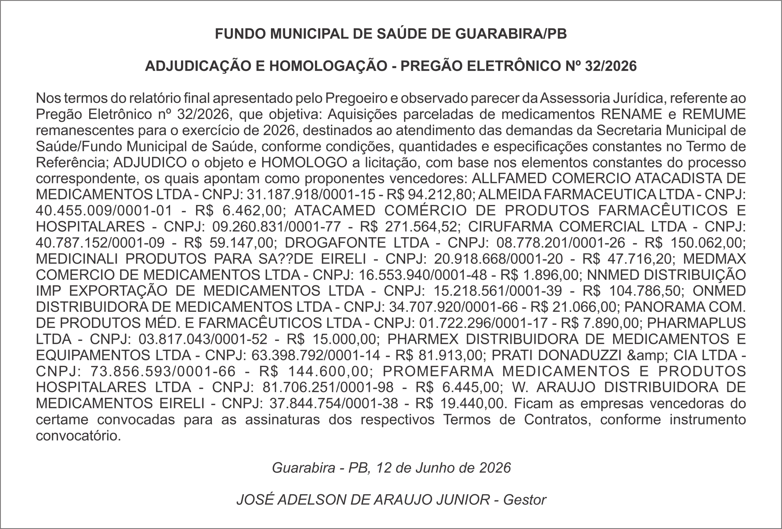 FUNDO MUNICIPAL DE SAÚDE DE GUARABIRA/PB  ADJUDICAÇÃO E HOMOLOGAÇÃO – PREGÃO ELETRÔNICO Nº 32/2026