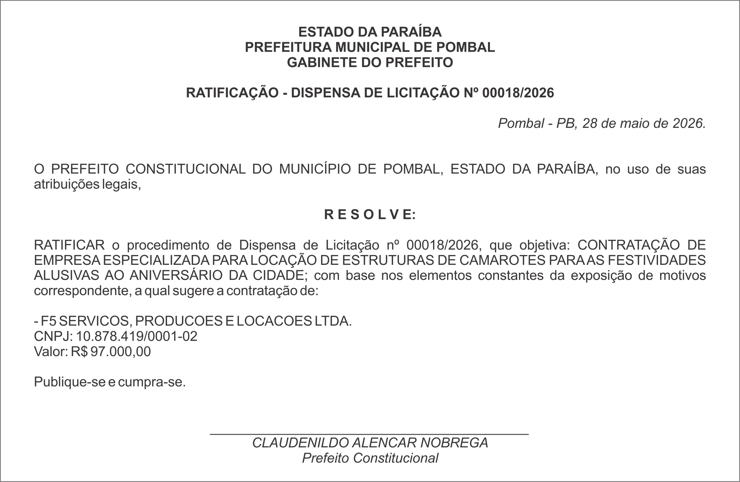 PREFEITURA MUNICIPAL DE POMBAL –  RATIFICAÇÃO – DISPENSA DE LICITAÇÃO Nº 00018/2026