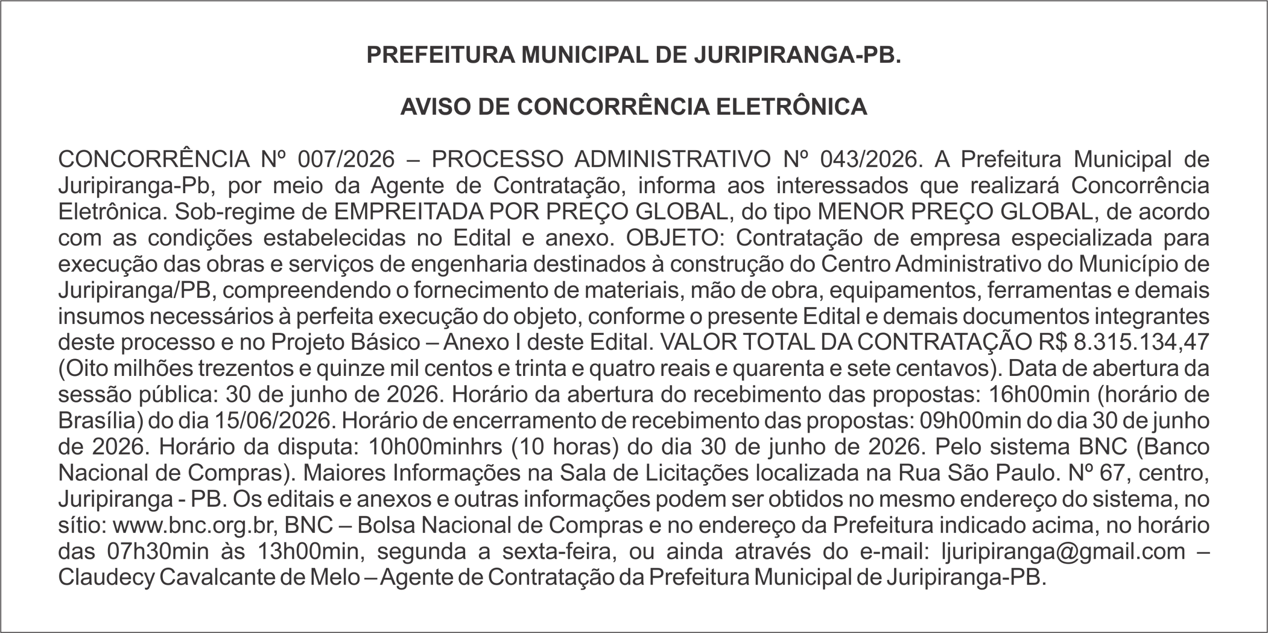 PREFEITURA MUNICIPAL DE JURIPIRANGA-PB – AVISO DE CONCORRÊNCIA ELETRÔNICA