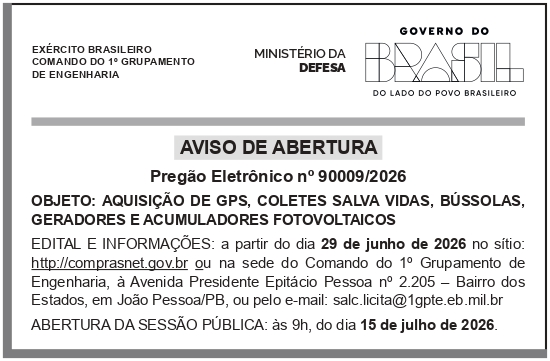 CMDO 1º GPTE – JOÃO PESSOA – PB – COMANDO DO 1º GRUPAMENTO DE ENGENHARIA – Abertura Pregão 90009/2026