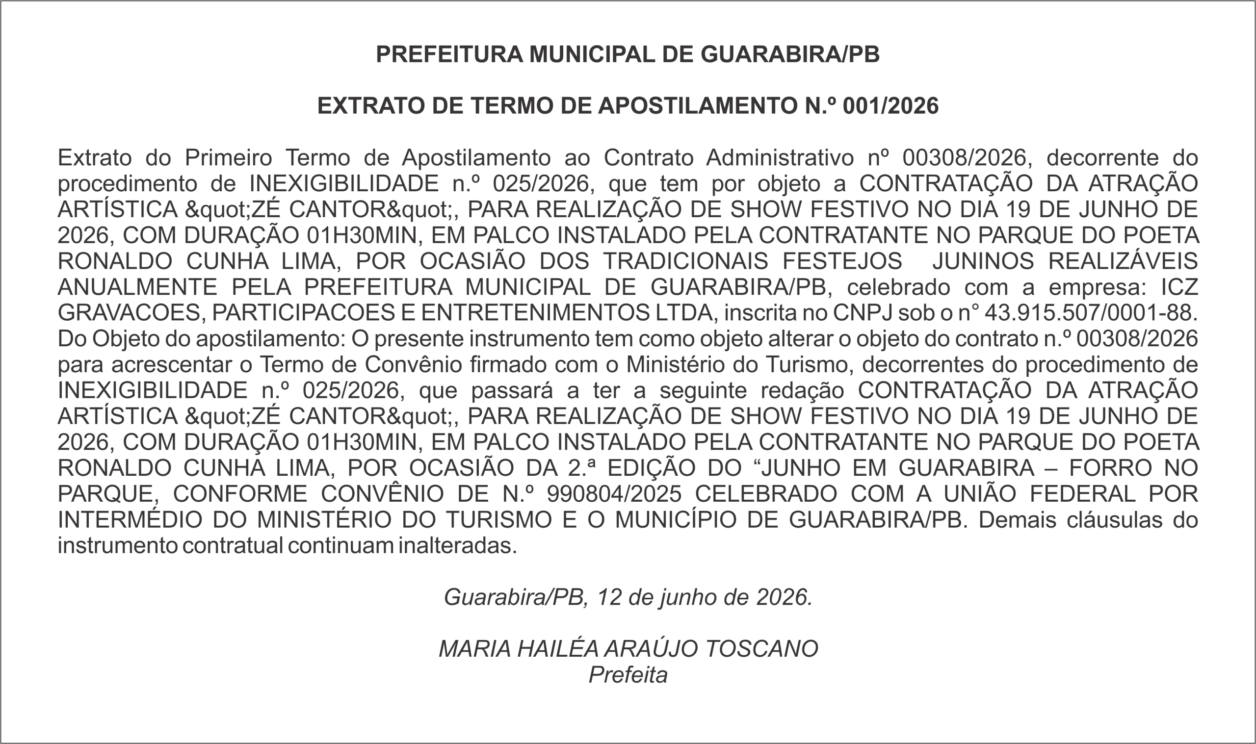 PREFEITURA MUNICIPAL DE GUARABIRA/PB EXTRATO DE TERMO DE APOSTILAMENTO N.º 001/2026