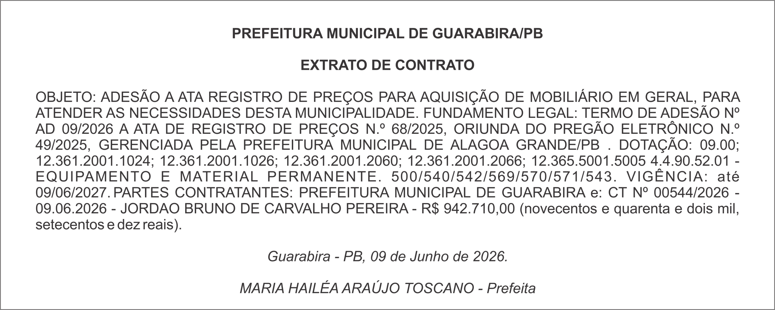 PREFEITURA MUNICIPAL DE GUARABIRA/PB EXTRATO DE CONTRATO