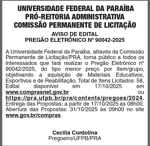 UNIVERSIDADE FEDERAL DA PARAIBA – PREGÃO ELETRÔNICO No 90042-2025