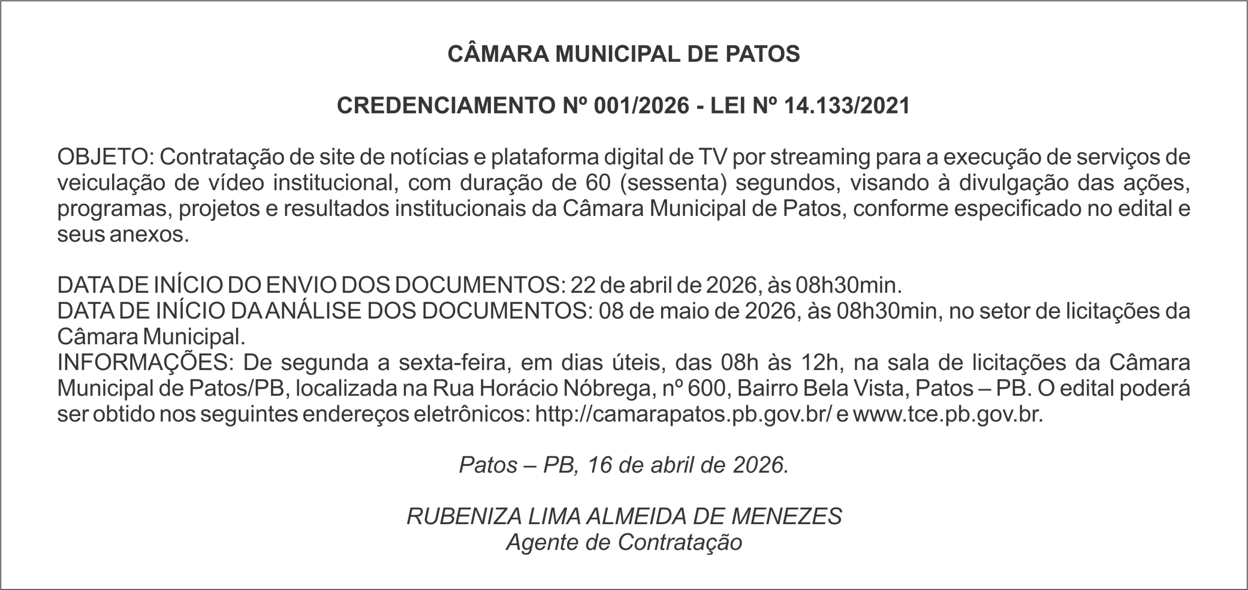 CÂMARA MUNICIPAL DE PATOS – CREDENCIAMENTO Nº 001/2026